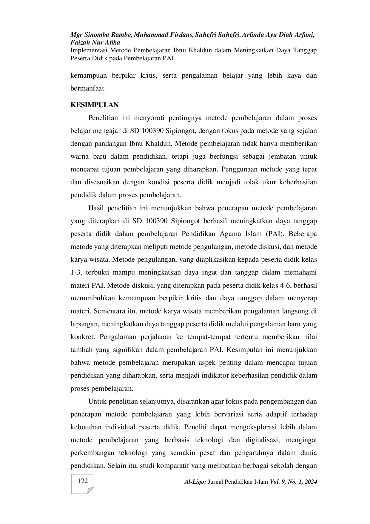 JURIS Implementasi Metode Pembelajaran Ibnu Khaldun dalam Meningkatkan Daya Tanggap Peserta Didik pada Pembelajaran PAI