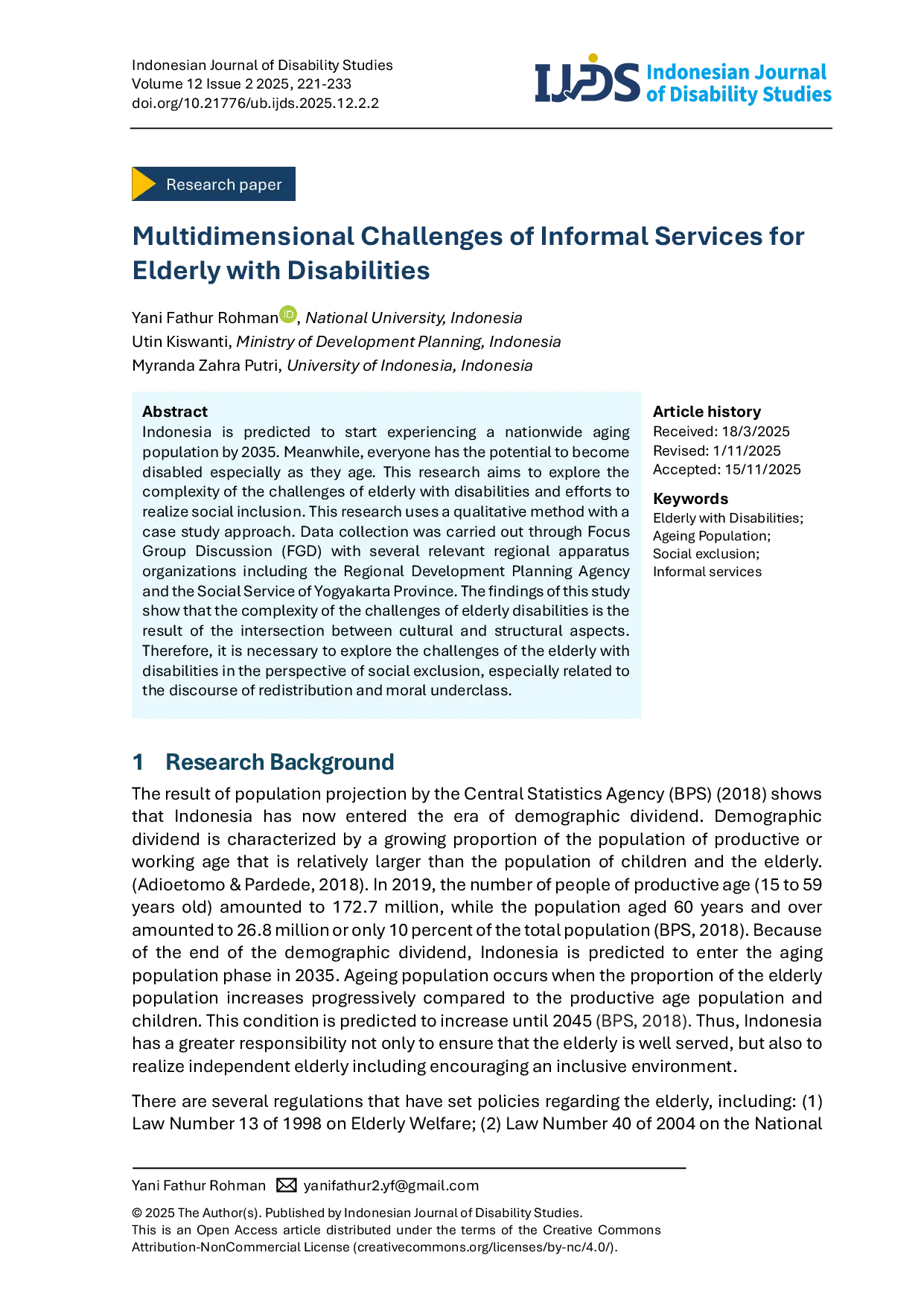 JURIS Multidimensional Challenges of Informal Services for Elderly with Disabilities