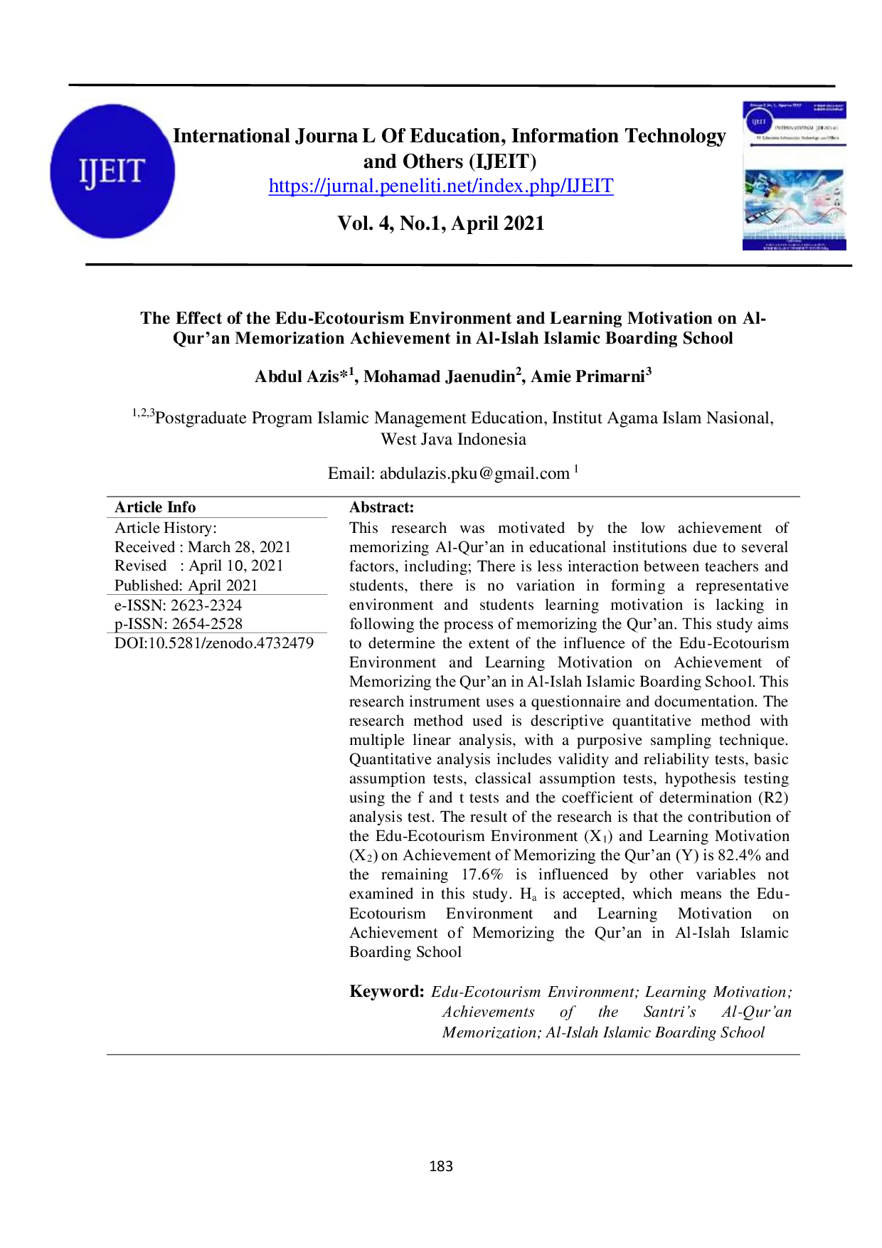 JURIS The Effect Of The Edu Ecotourism Environment And Learning Motivation On Al Qur an Memorization Achievement In Al Islah Islamic Boarding School