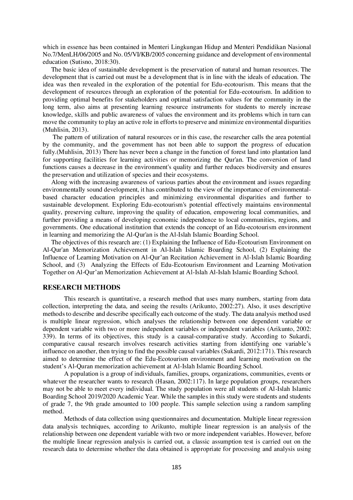 JURIS The Effect Of The Edu Ecotourism Environment And Learning Motivation On Al Qur an Memorization Achievement In Al Islah Islamic Boarding School