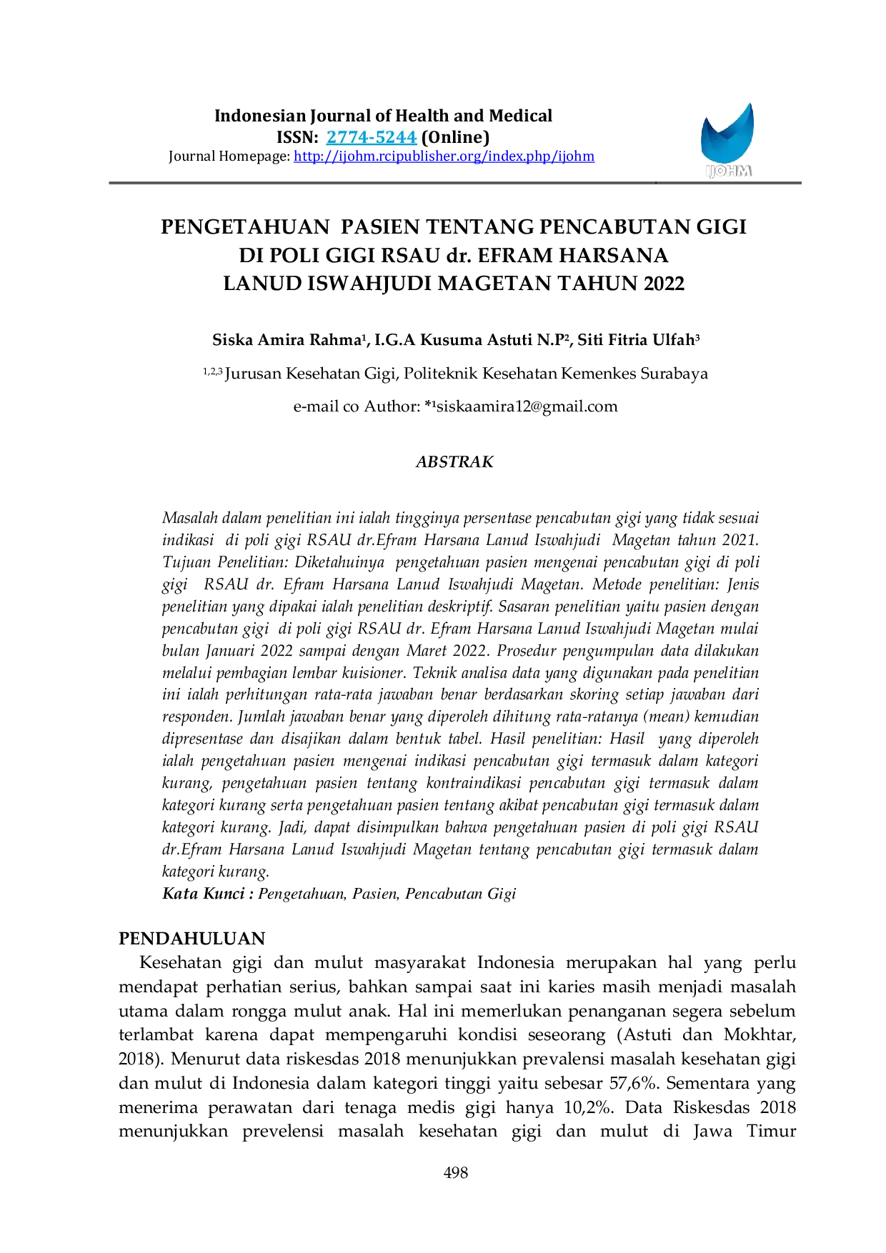 JURIS PENGETAHUAN PASIEN TENTANG PENCABUTAN GIGI DI POLI GIGI RSAU dr EFRAM HARSANA LANUD ISWAHJUDI MAGETAN TAHUN 2022