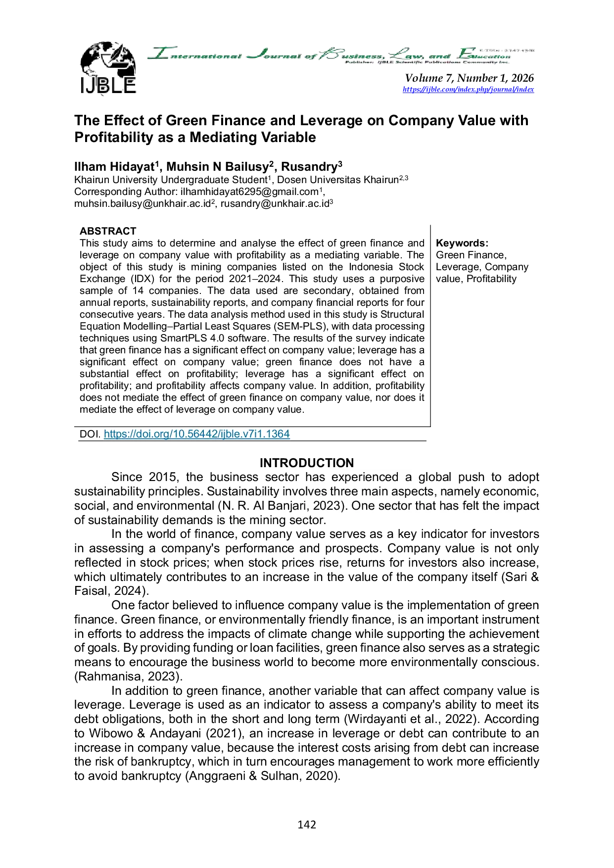 JURIS The Effect of Green Finance and Leverage on Company Value with Profitability as a Mediating Variable