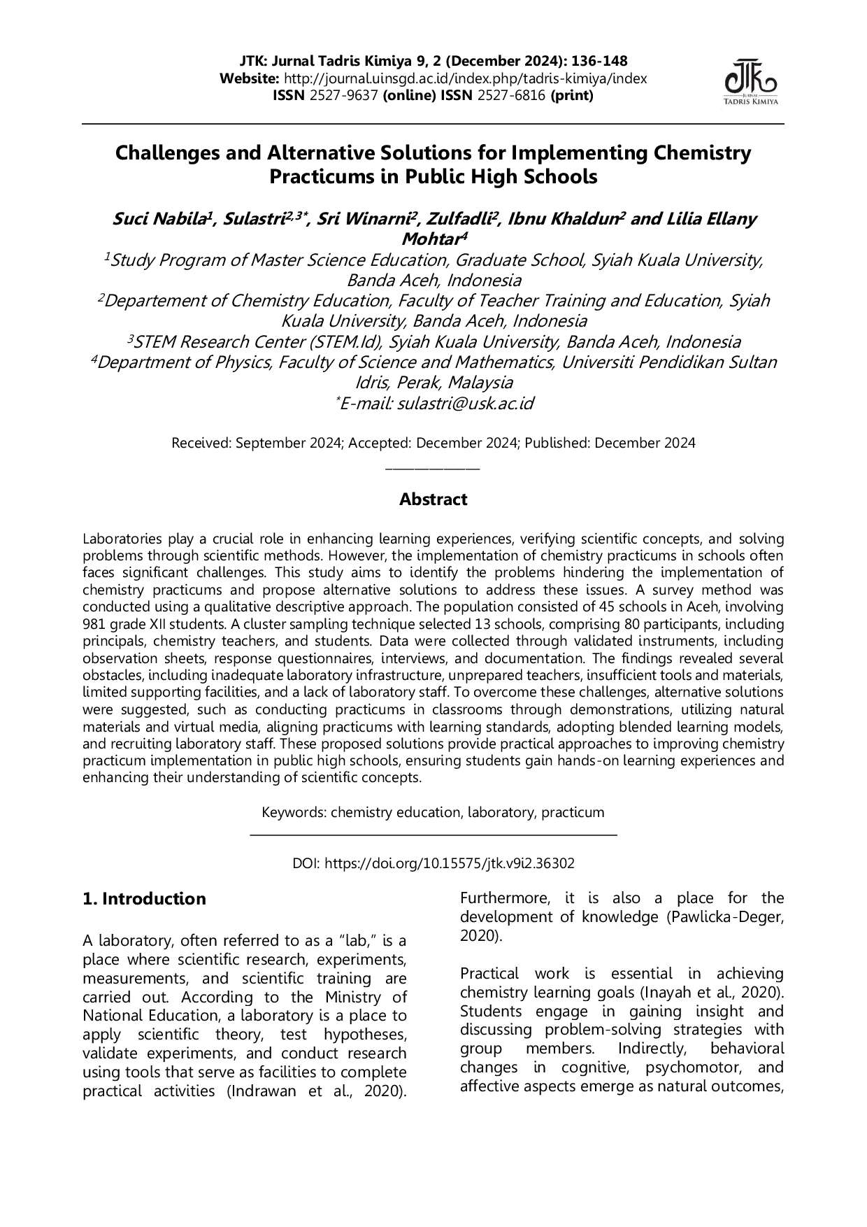 JURIS Challenges and Alternative Solutions for Implementing Chemistry Practicums in Public High Schools