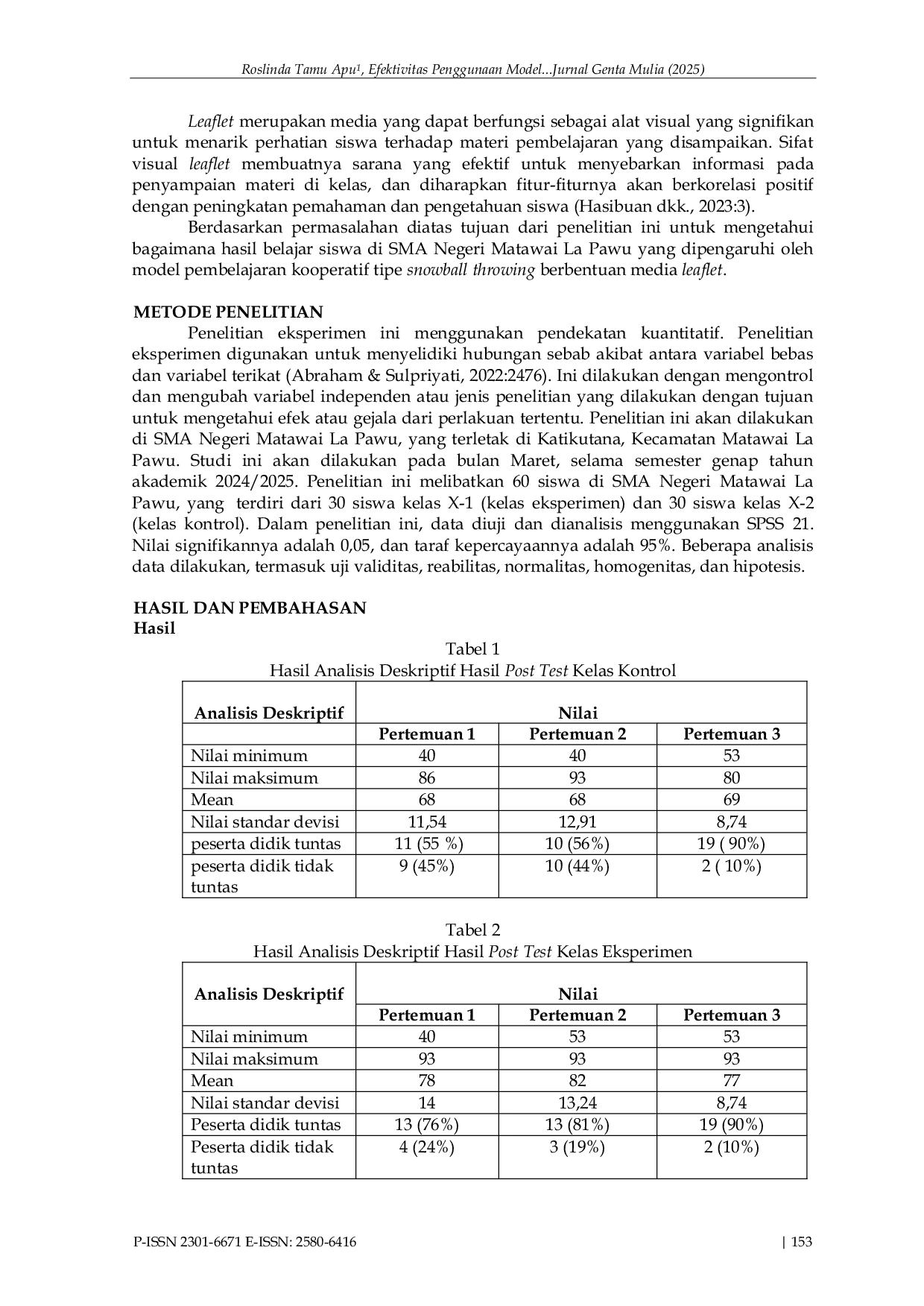 JURIS Efektivitas Penggunaan Model Pembelajaran Kooperatif Tipe Snowball Throwing Berbantuan Media Leaflet Terhadap Hasil Belajar Siswa Sma Negeri Matawai La Pawu
