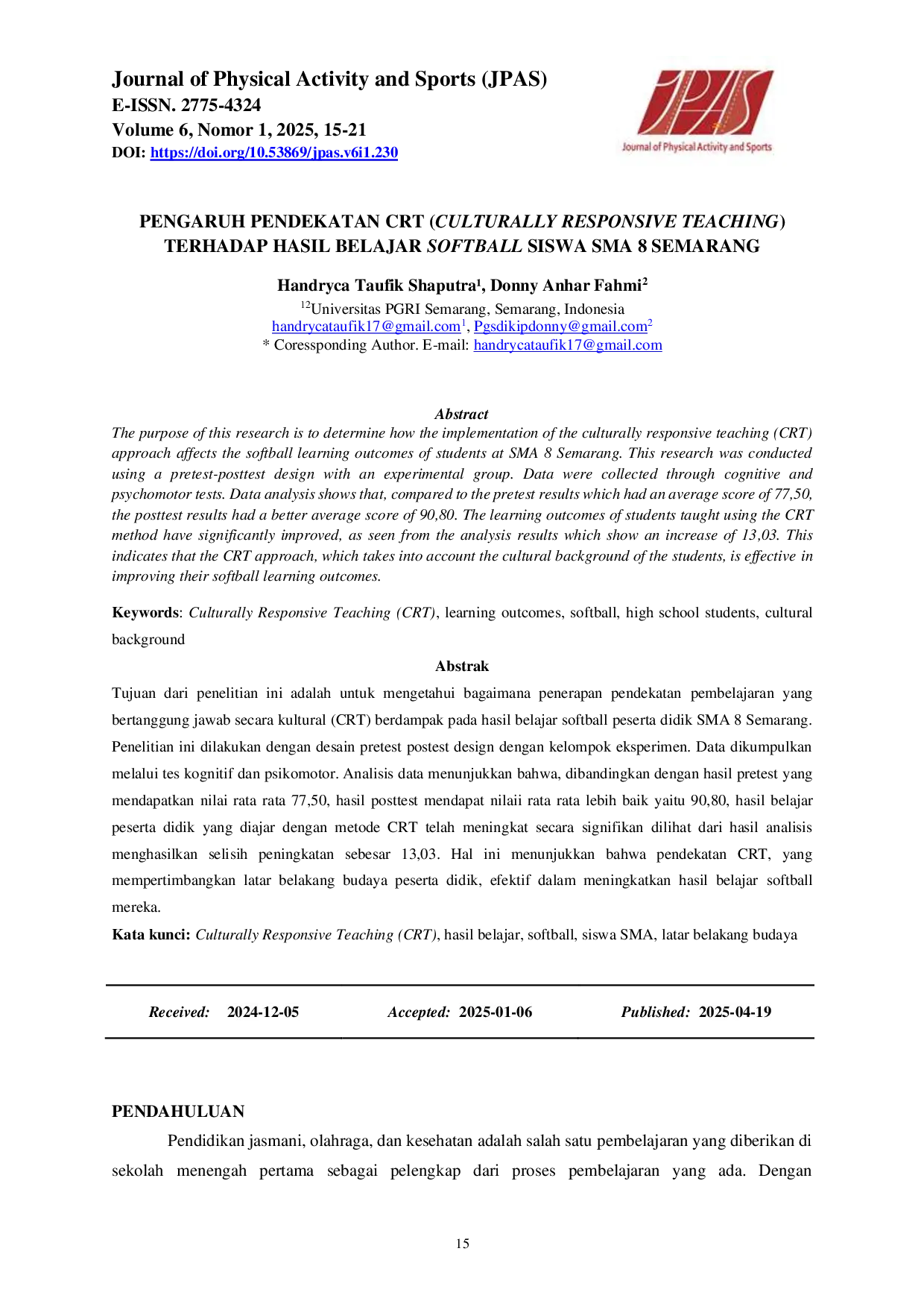 JURIS Pengaruh Pendekatan CRT Culturally Responsive Teaching Terhadap Hasil Belajar Softball Siswa SMA 8 Semarang