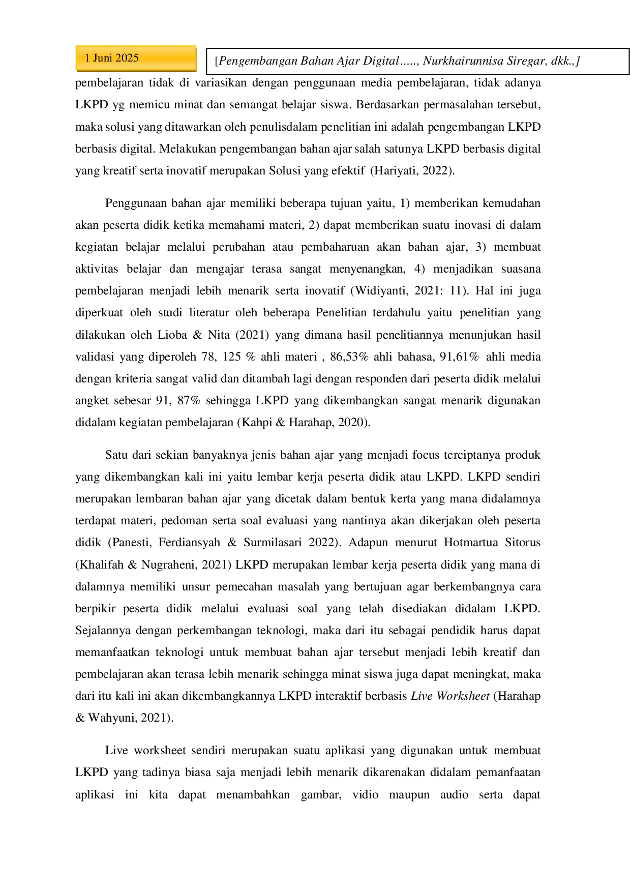 JURIS Pengembangan Bahan Ajar Digital Berbentuk Lkpd Interaktif Berbasis Live Worksheet Pada Materi Bangun Datar Kelas Iv Sekolah Dasar