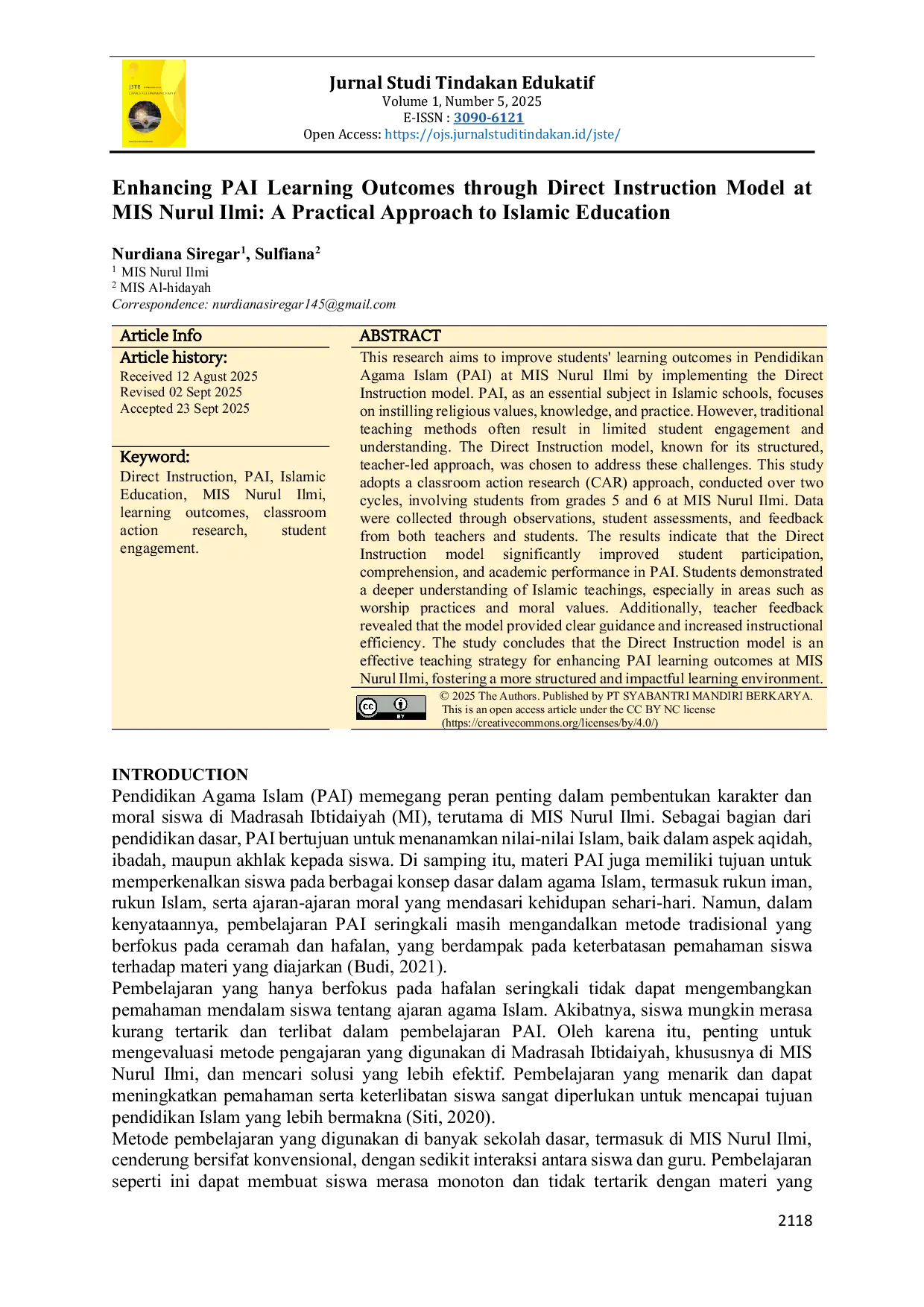 JURIS Enhancing PAI Learning Outcomes through Direct Instruction Model at MIS Nurul Ilmi A Practical Approach to Islamic Education