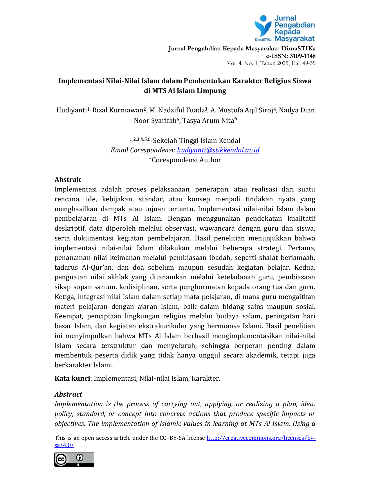 JURIS Implementasi Nilai Nilai Islam dalam Pembentukan Karakter Religius Siswa di MTS Al Islam Limpung