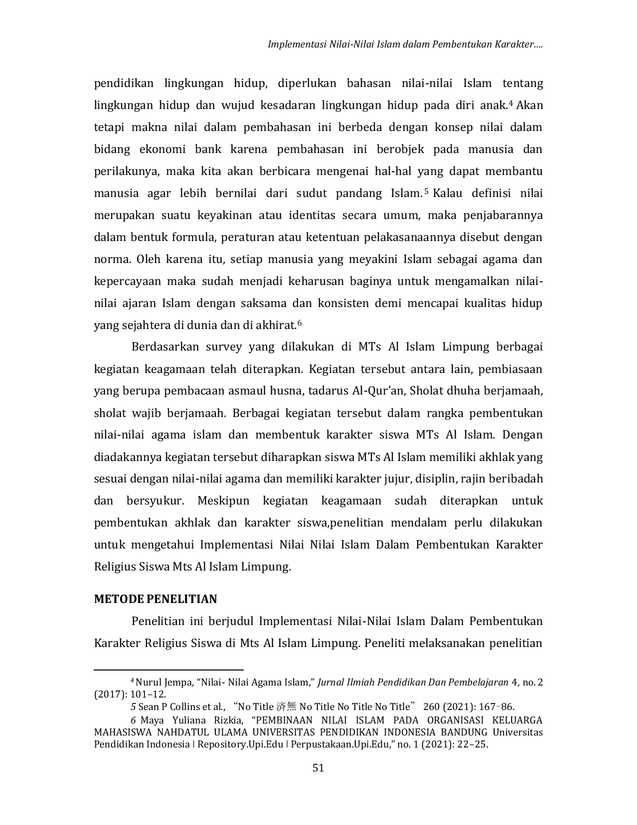 JURIS Implementasi Nilai Nilai Islam dalam Pembentukan Karakter Religius Siswa di MTS Al Islam Limpung