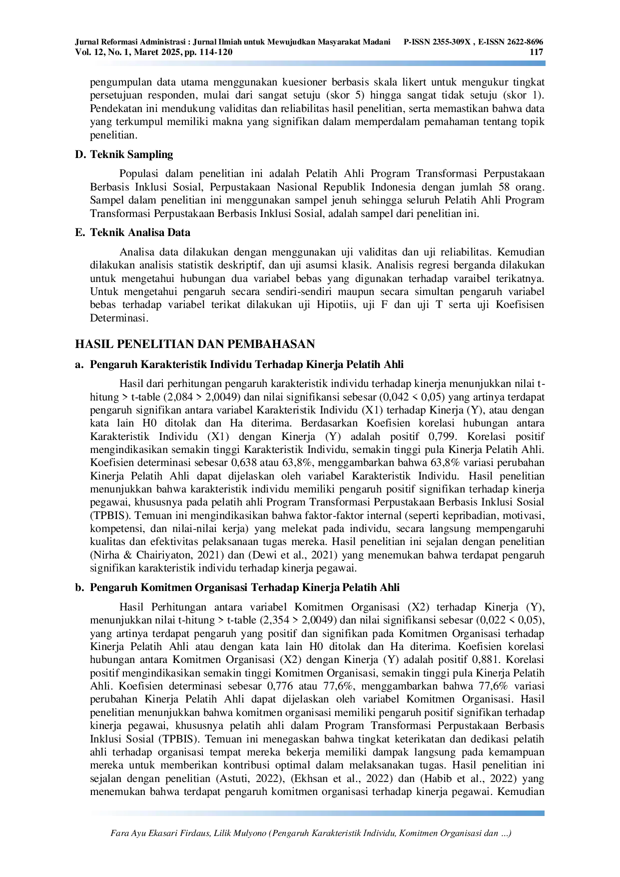 JURIS Pengaruh Karakteristik Individu Komitmen Organisasi dan Organizational Citizenship Behavior OCB Terhadap Kinerja Pada Pelatih Ahli Program Transformasi Perpustakaan Berbasis Inklusi Sosial TPBIS