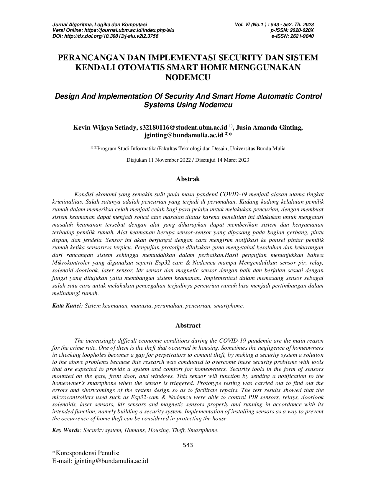 JURIS Perancangan dan Implementasi Security dan Sistem Kendali Otomatis Smart Home Menggunakan Nodemcu