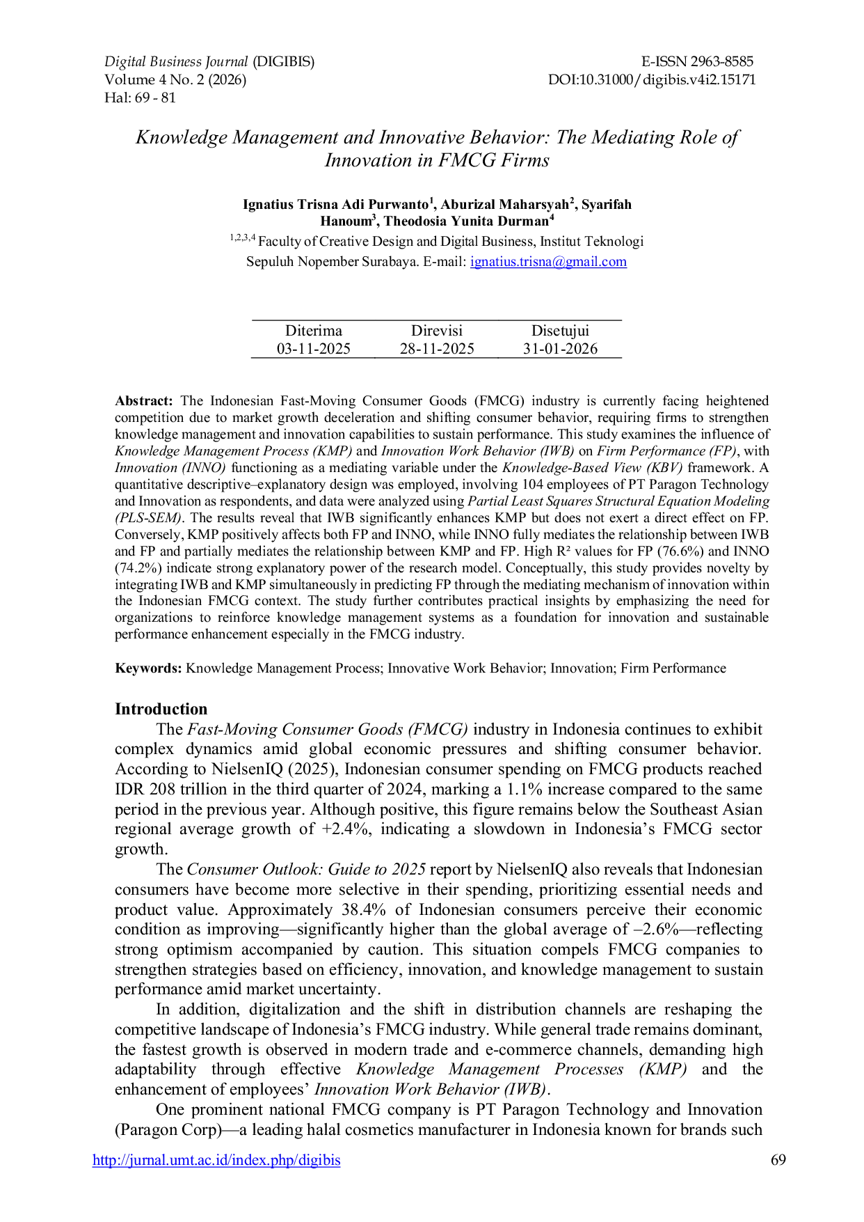 JURIS Knowledge Management and Innovative Behavior The Mediating Role of Innovation in FMCG Firms