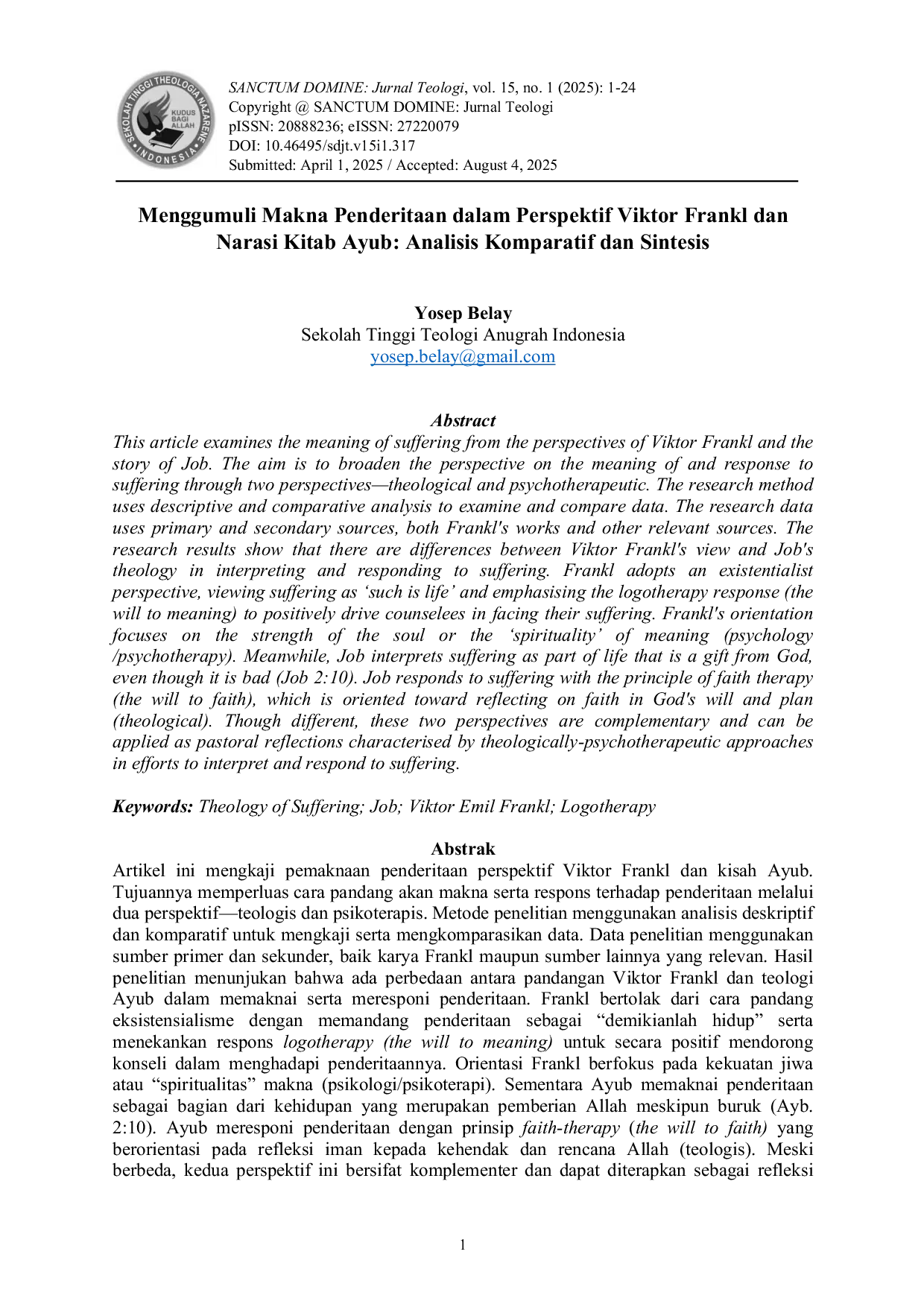 JURIS Dialektika Reflektif Pemaknaan Penderitaan Perspektif Logoterapi Viktor Emil Frankl dan Teologi Kitab Ayub Analisis Komparatif dan Sintesis
