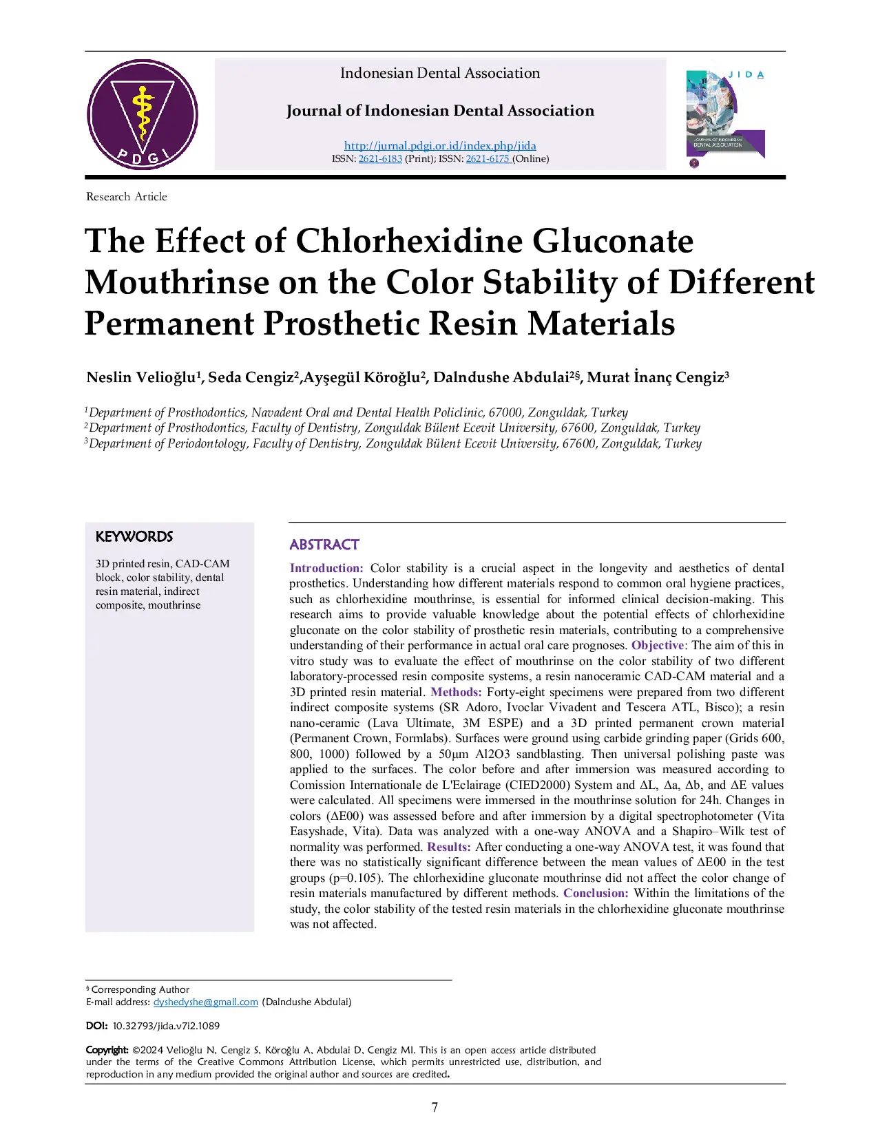 JURIS The effect of chlorhexidine gluconate mouthrinse on the color stability of different permanent prosthetic resin materials