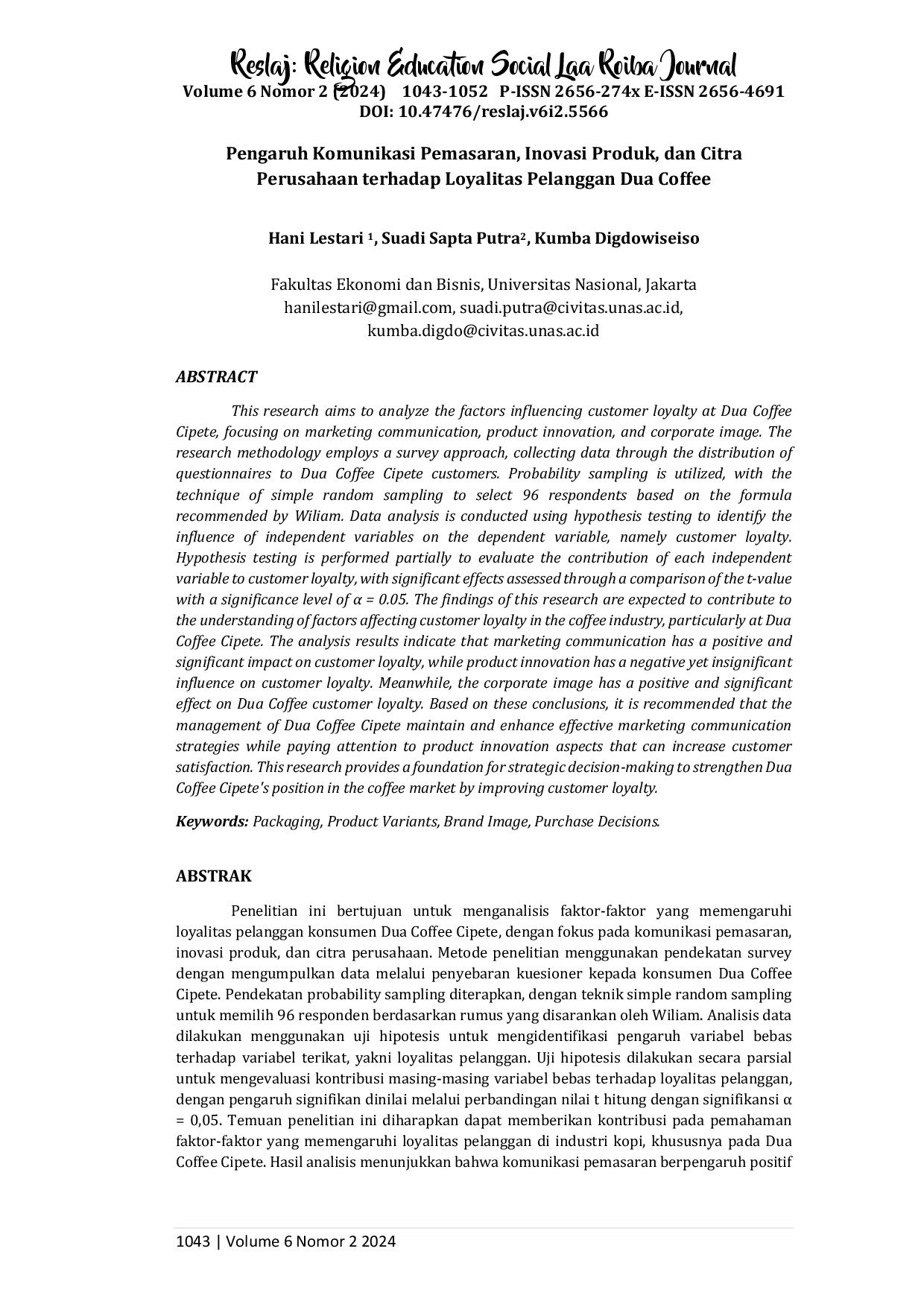 juris Pengaruh Komunikasi Pemasaran Inovasi Produk dan Citra Perusahaan terhadap Loyalitas Pelanggan Dua Coffee