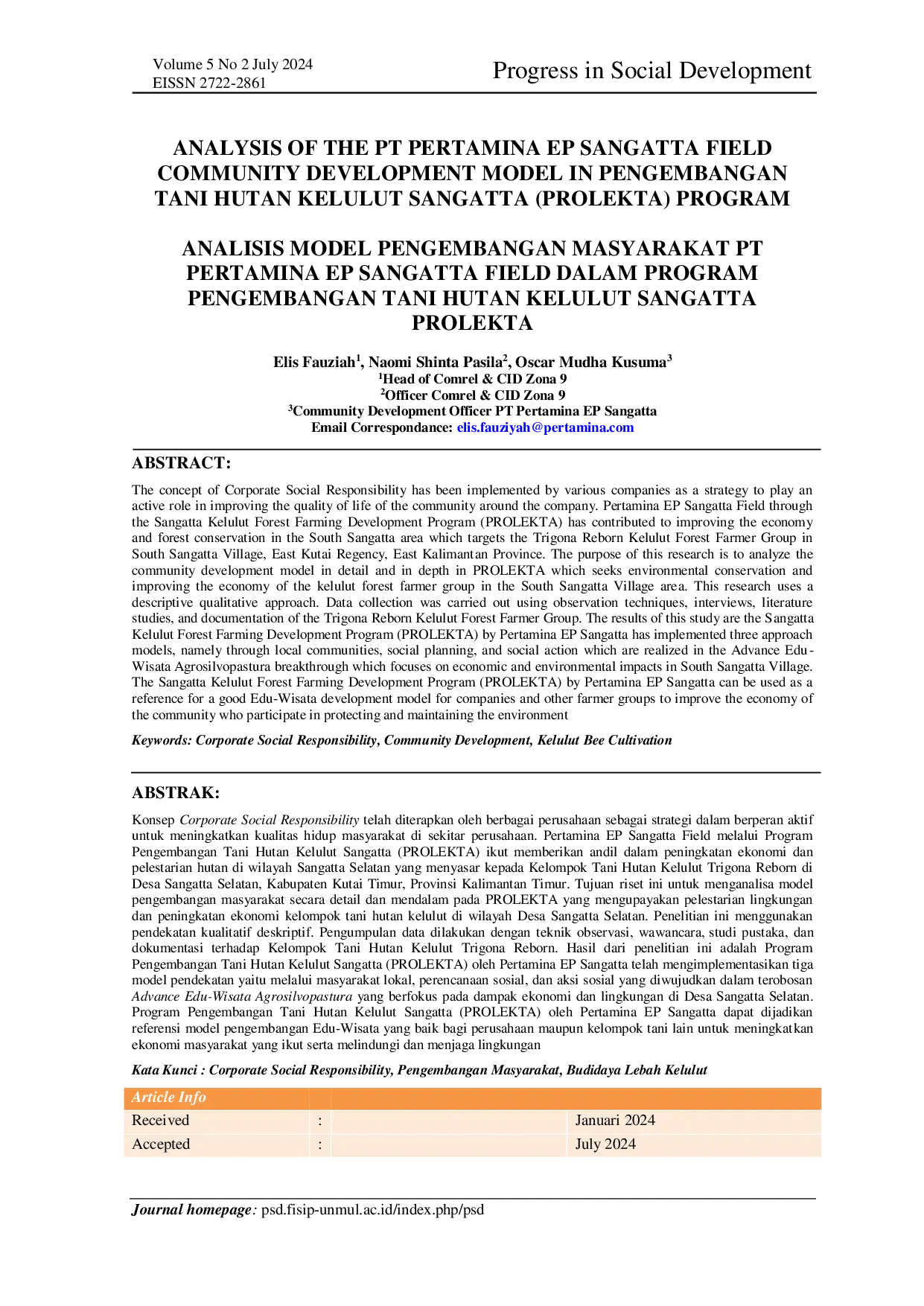 JURIS Analisis Model Pengembangan Masyarakat Pt Pertamina Ep Sangatta Field Dalam Program Pengembangan Tani Hutan Kelulut Sangatta Prolekta