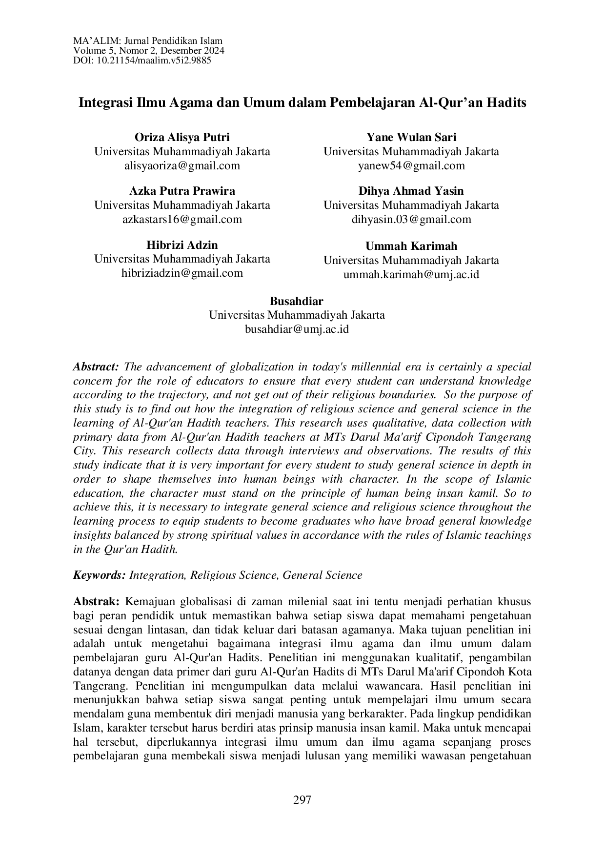 JURIS Integrasi Ilmu Agama dan Umum dalam Pembelajaran Al Qur an Hadits