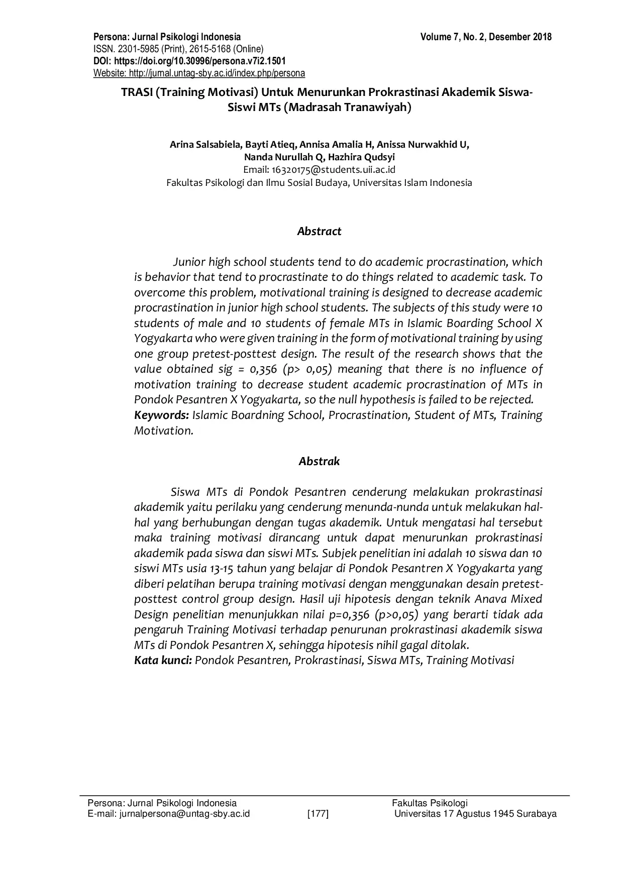 JURIS TRASI Training Motivasi Untuk Menurunkan Prokrastinasi Akademik Siswa Siswi MTs Madrasah Tranawiyah