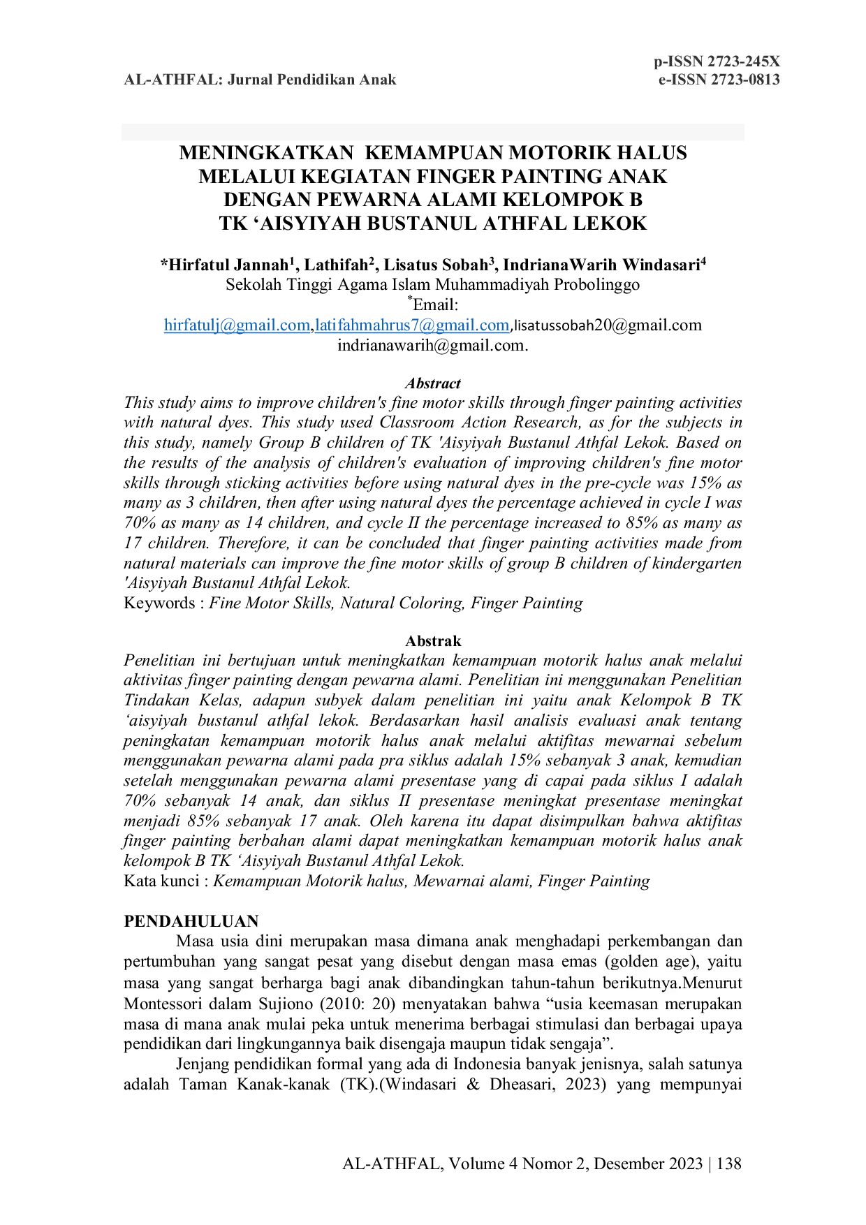 JURIS Meningkatkan Kemampuan Motorik Halus Melalui Kegiatan Finger Painting Anak Dengan Pewarna Alami Kelompok B Tk Aisyiyah Bustanul Athfal Lekok