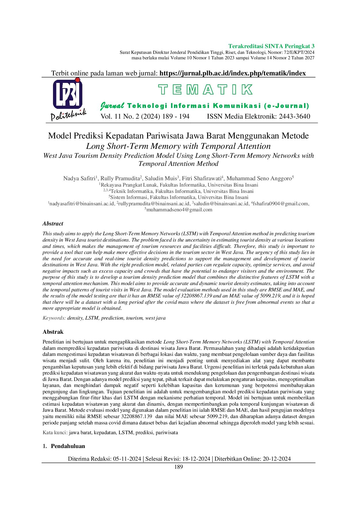 juris Model Prediksi Kepadatan Pariwisata Jawa Barat Menggunakan Metode Long Short Term Memory with Temporal Attention