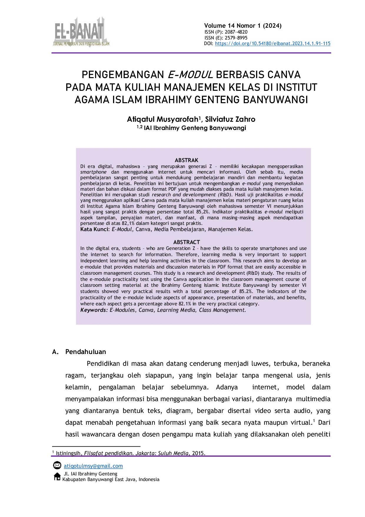 JURIS Pengembangan E Modul berbasis Canva pada Mata Kuliah Manajemen Kelas di Institut Agama Islam Ibrahimy Genteng Banyuwangi