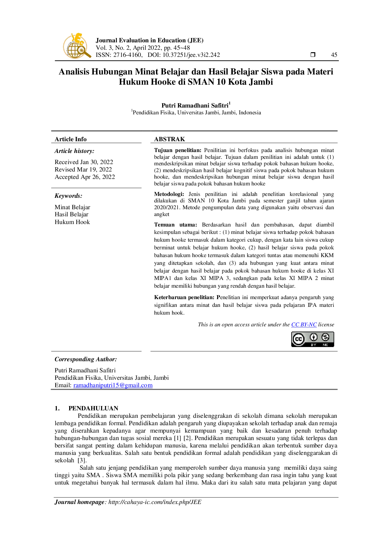 JURIS Analisis Hubungan Minat Belajar dan Hasil Belajar Materi Hukum Hooke di SMAN 10 Kota Jambi