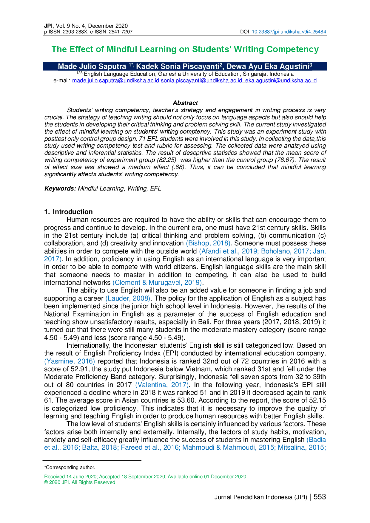 juris The Effect of Mindful Learning on Students Writing Competency