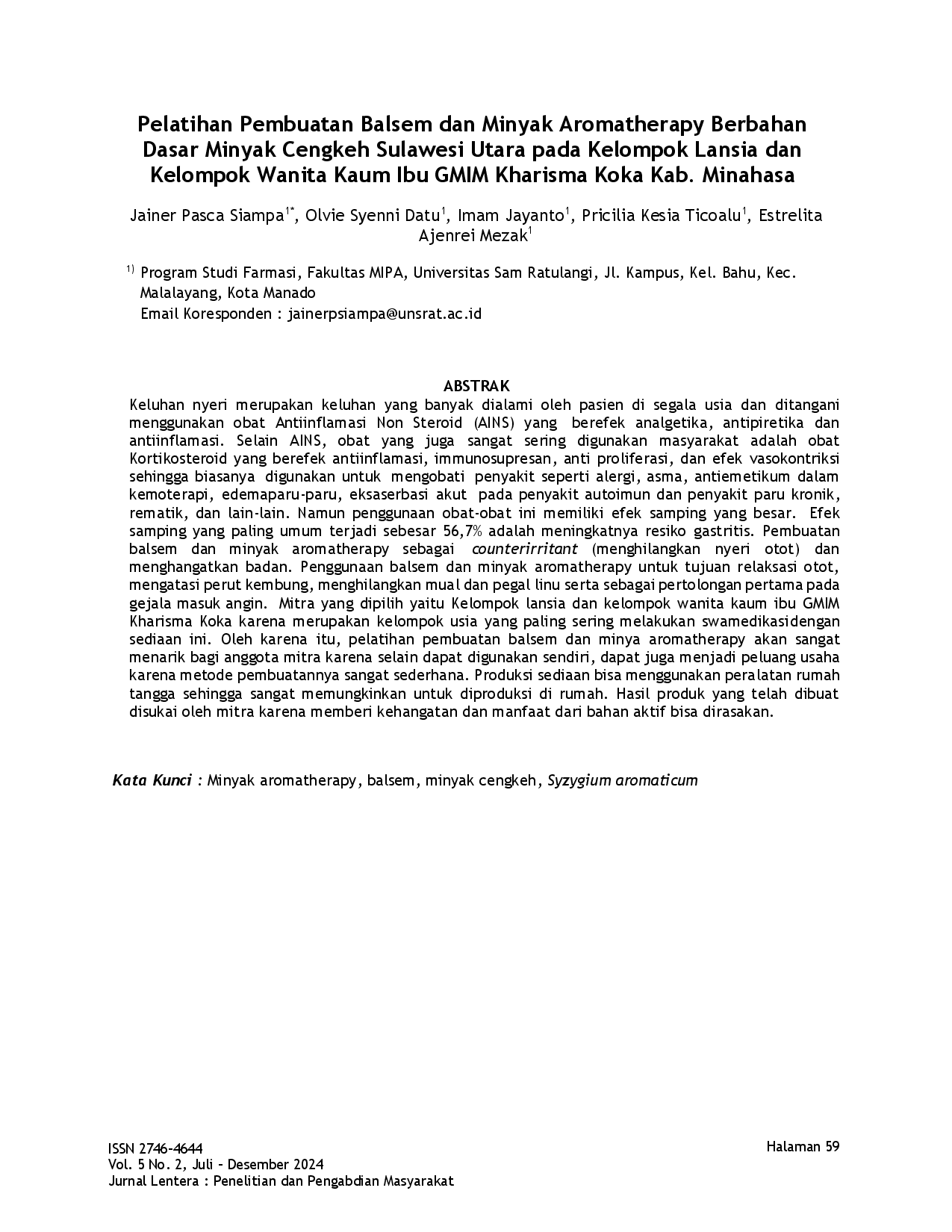 juris Pelatihan Pembuatan Balsem dan Minyak Aromatherapy Berbahan Dasar Minyak Cengkeh Sulawesi Utara pada Kelompok Lansia dan Kelompok Wanita Kaum Ibu GMIM Kharisma Koka Kab Minahasa