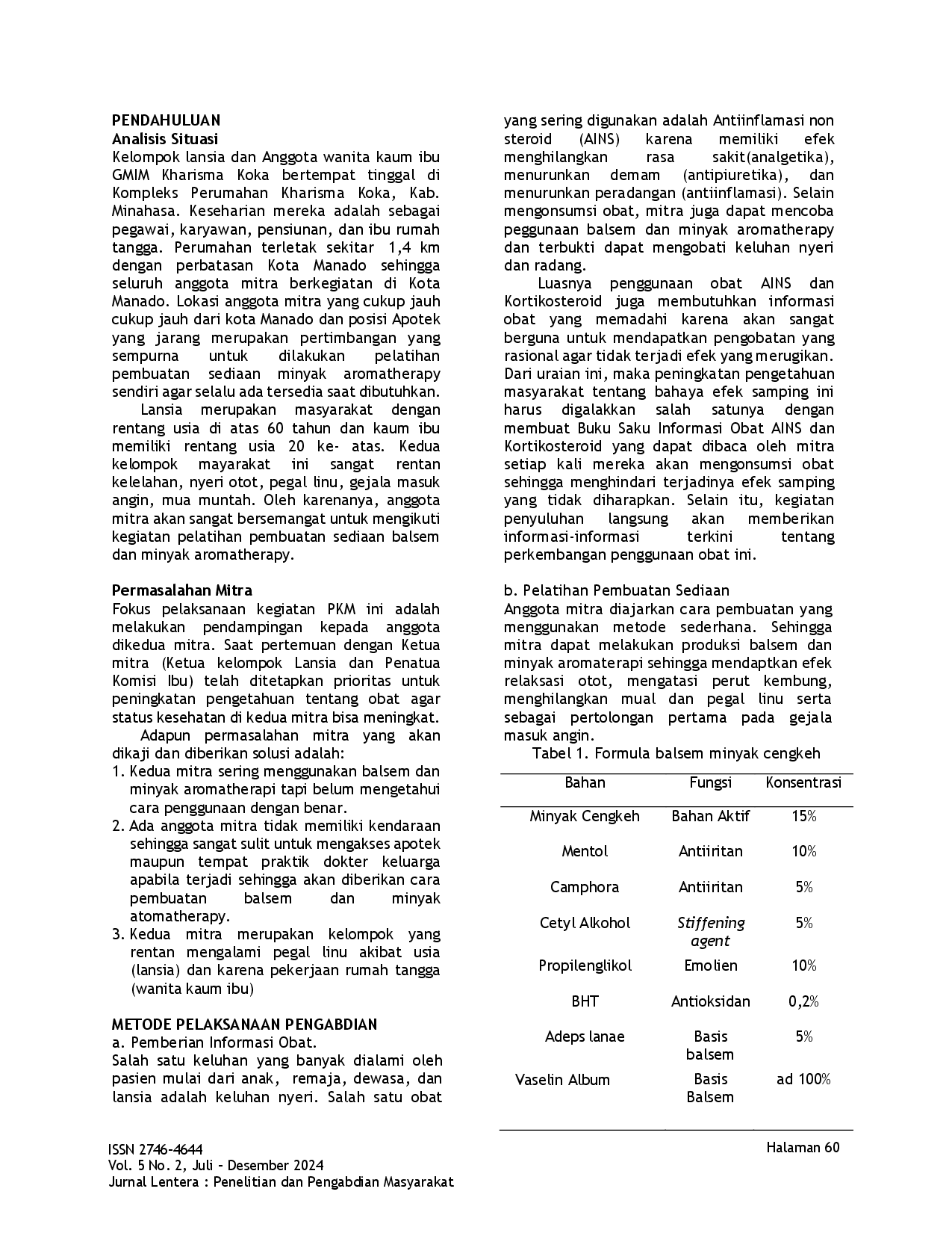 juris Pelatihan Pembuatan Balsem dan Minyak Aromatherapy Berbahan Dasar Minyak Cengkeh Sulawesi Utara pada Kelompok Lansia dan Kelompok Wanita Kaum Ibu GMIM Kharisma Koka Kab Minahasa