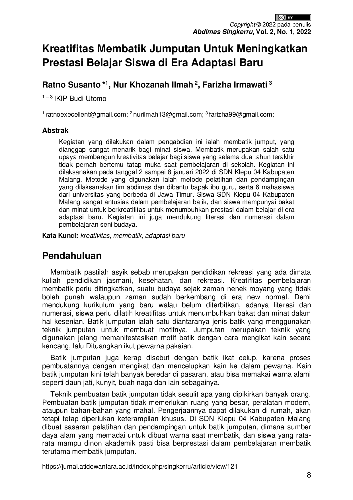 JURIS Kreatifitas Membatik Jumputan Untuk Meningkatkan Prestasi Belajar Siswa di Era Adaptasi Baru