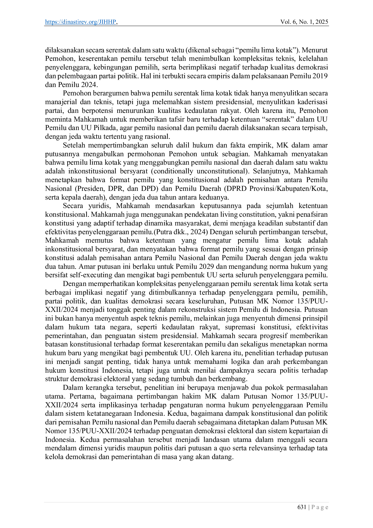 JURIS Implikasi Konstitusional Putusan Mk Nomor 135 PUU XXII 2024 Tentang Pemisahan Pemilu Nasional Dan Pemilu Daerah