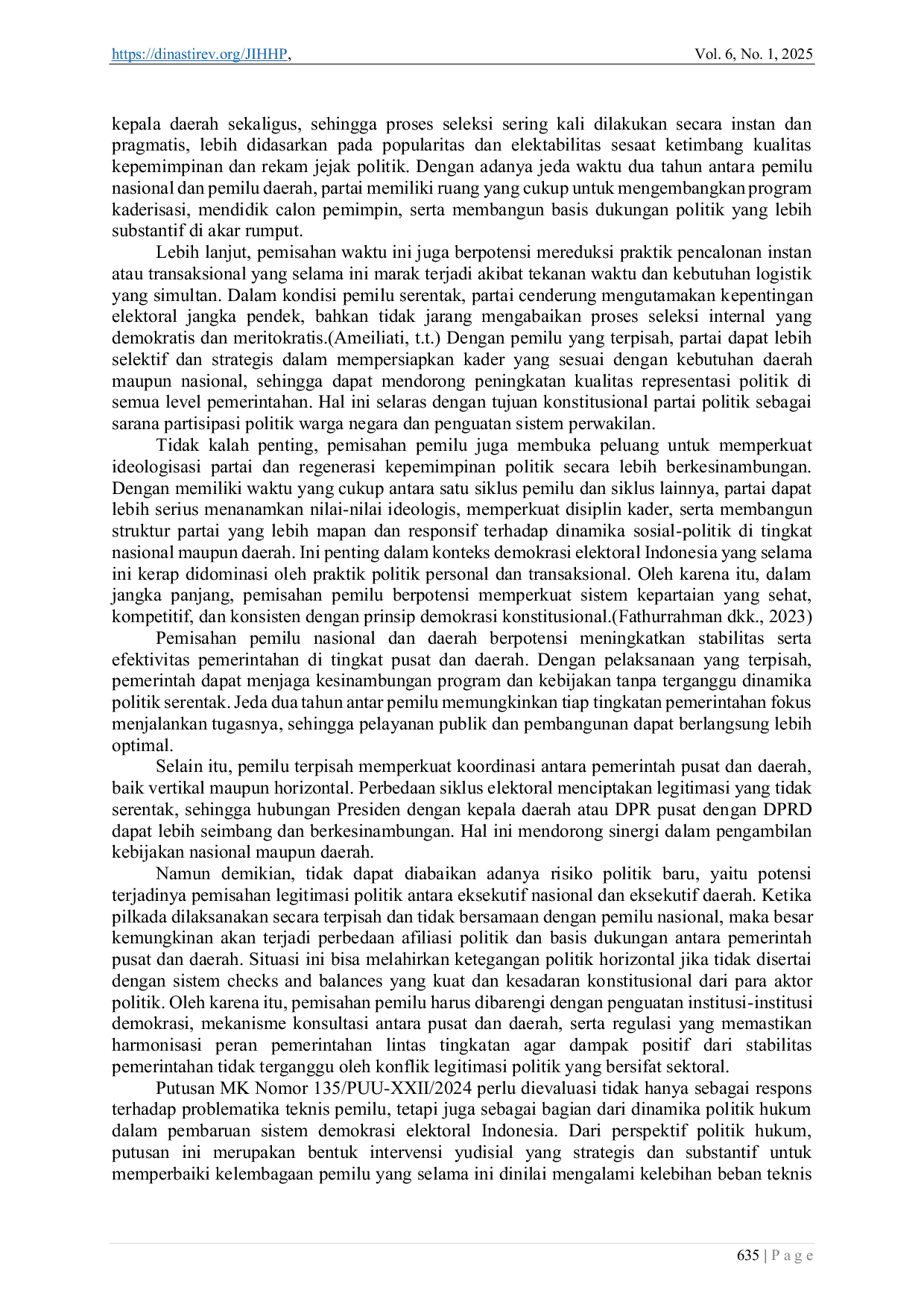 JURIS Implikasi Konstitusional Putusan Mk Nomor 135 PUU XXII 2024 Tentang Pemisahan Pemilu Nasional Dan Pemilu Daerah