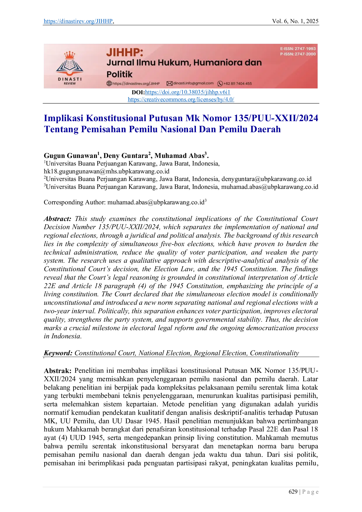JURIS Implikasi Konstitusional Putusan Mk Nomor 135 PUU XXII 2024 Tentang Pemisahan Pemilu Nasional Dan Pemilu Daerah