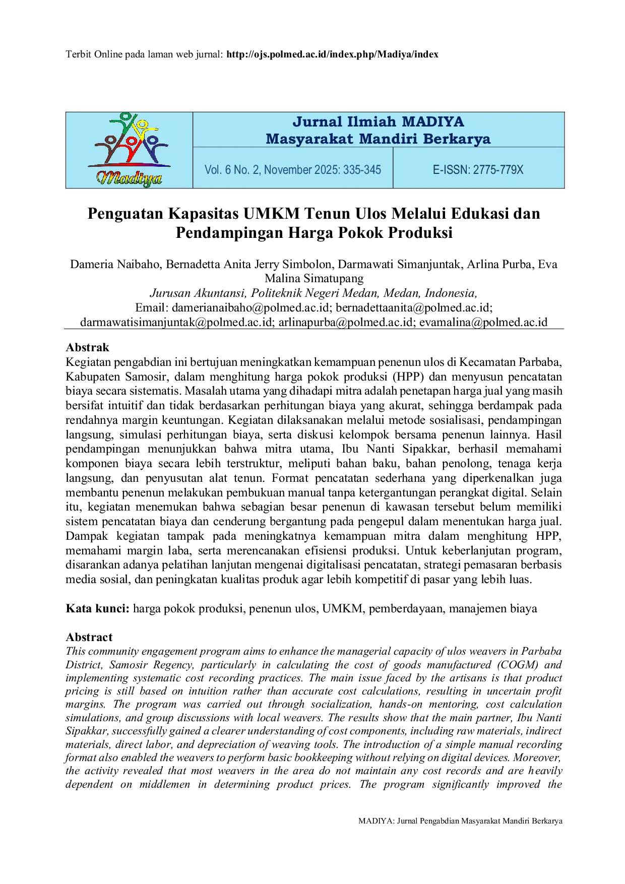 JURIS Penguatan Kapasitas UMKM Tenun Ulos Melalui Edukasi dan Pendampingan Harga Pokok Produksi