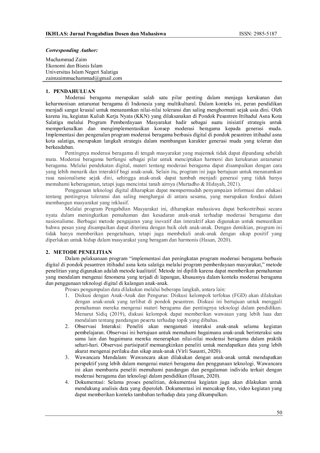 JURIS Implementasi dan Peningkatan Program Moderasi Beragama Berbasis Digital di Pondok Pesantren Ittihadul Asna Kota Salatiga Melalui Program Pemberdayaan Masyarakat