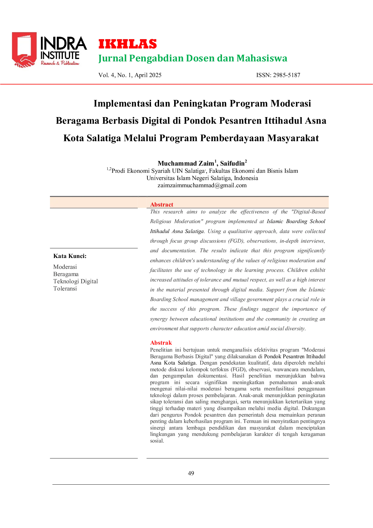 JURIS Implementasi dan Peningkatan Program Moderasi Beragama Berbasis Digital di Pondok Pesantren Ittihadul Asna Kota Salatiga Melalui Program Pemberdayaan Masyarakat