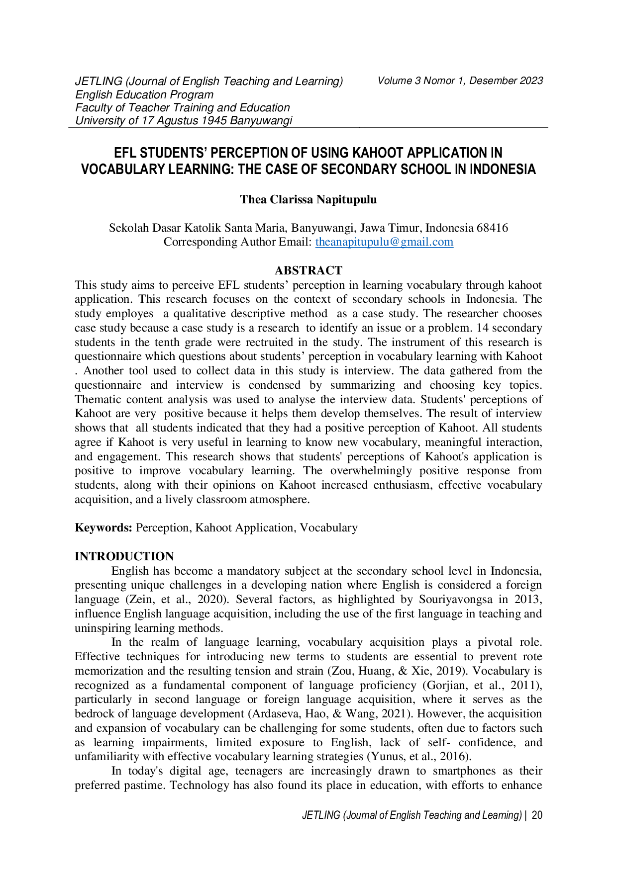 JURIS EFL Students Perception of Using Kahoot Application in Vocabulary Learning The Case of Secondary School in Indonesia