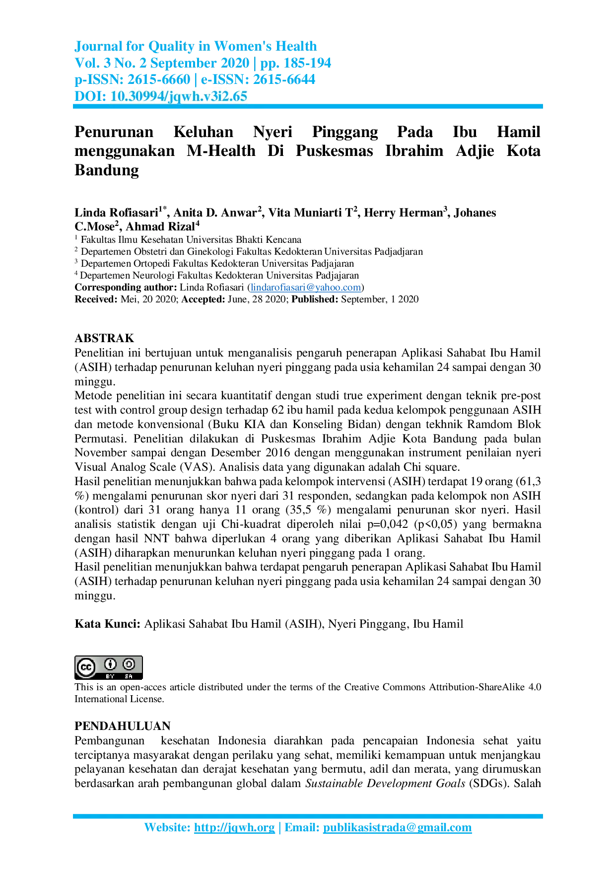 JURIS Penurunan Keluhan Nyeri Pinggang Pada Ibu Hamil menggunakan M Health Di Puskesmas Ibrahim Adjie Kota Bandung