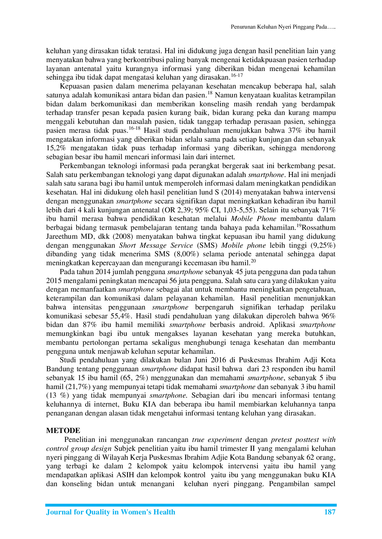 JURIS Penurunan Keluhan Nyeri Pinggang Pada Ibu Hamil menggunakan M Health Di Puskesmas Ibrahim Adjie Kota Bandung