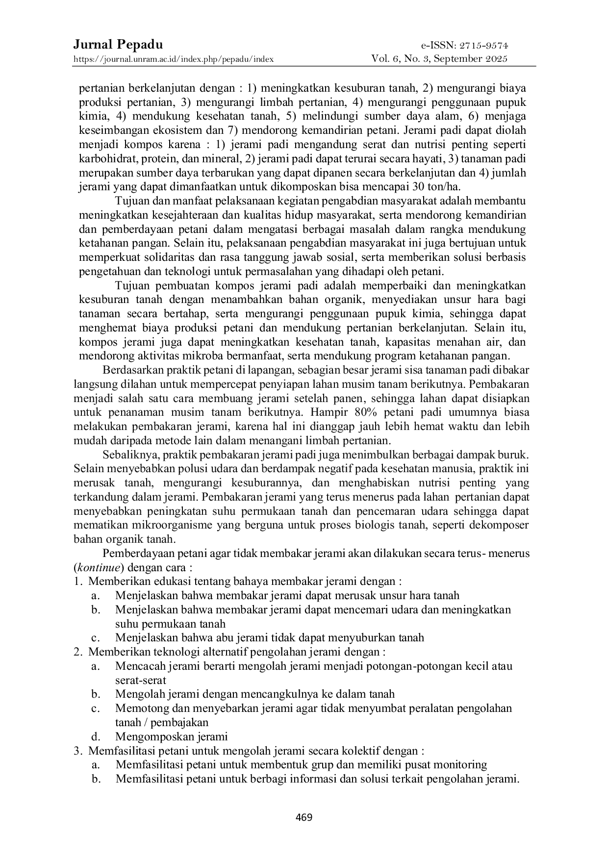 JURIS Pembuatan Kompos Jerami Padi Pada Lahan Sawah Petani Di Kota Solok Untuk Mendukung Program Ketahanan Pangan