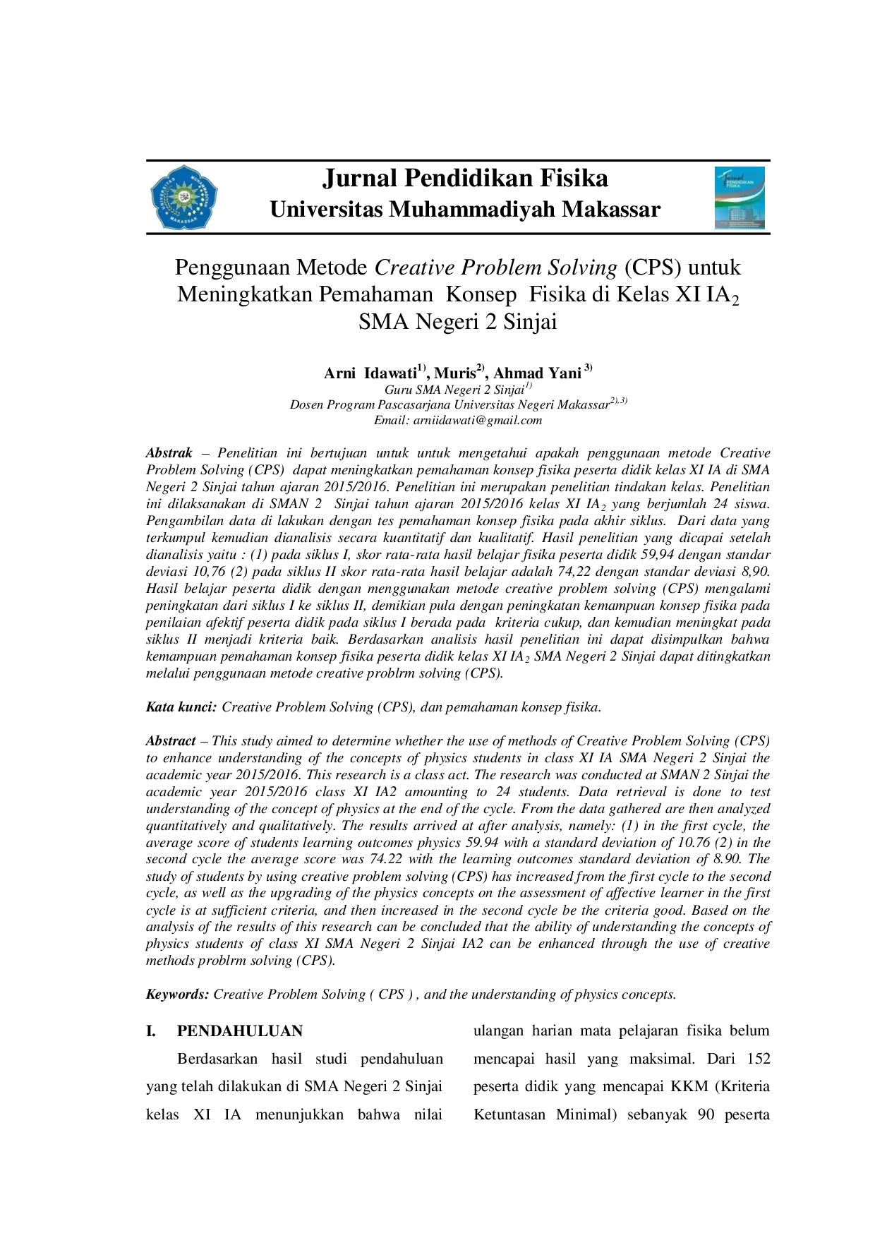 juris Penggunaan Metode Creative Problem Solving CPS untuk Meningkatkan Pemahaman Konsep Fisika di Kelas XI IA2 SMA Negeri 2 Sinjai