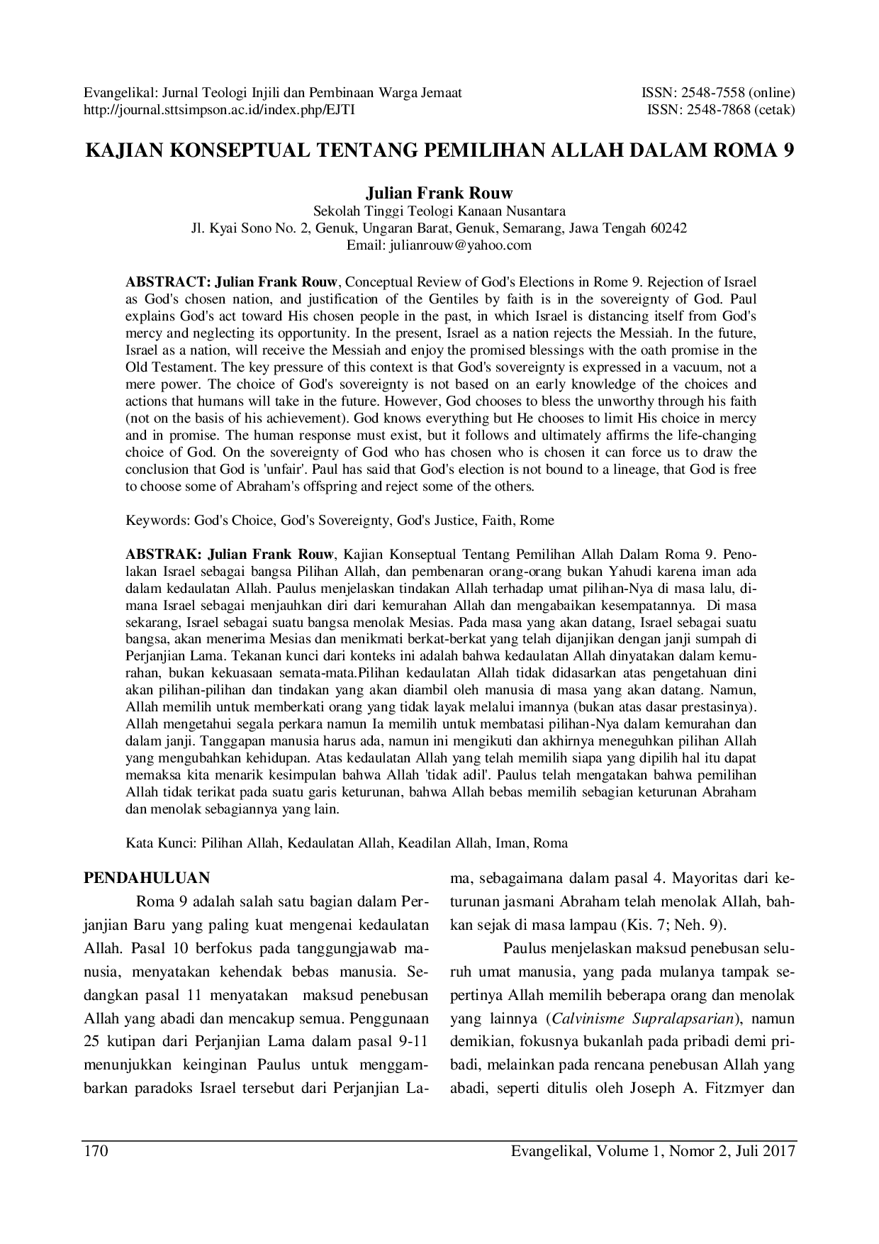 juris Kajian Konseptual Tentang Pemilihan Allah Dalam Roma 9