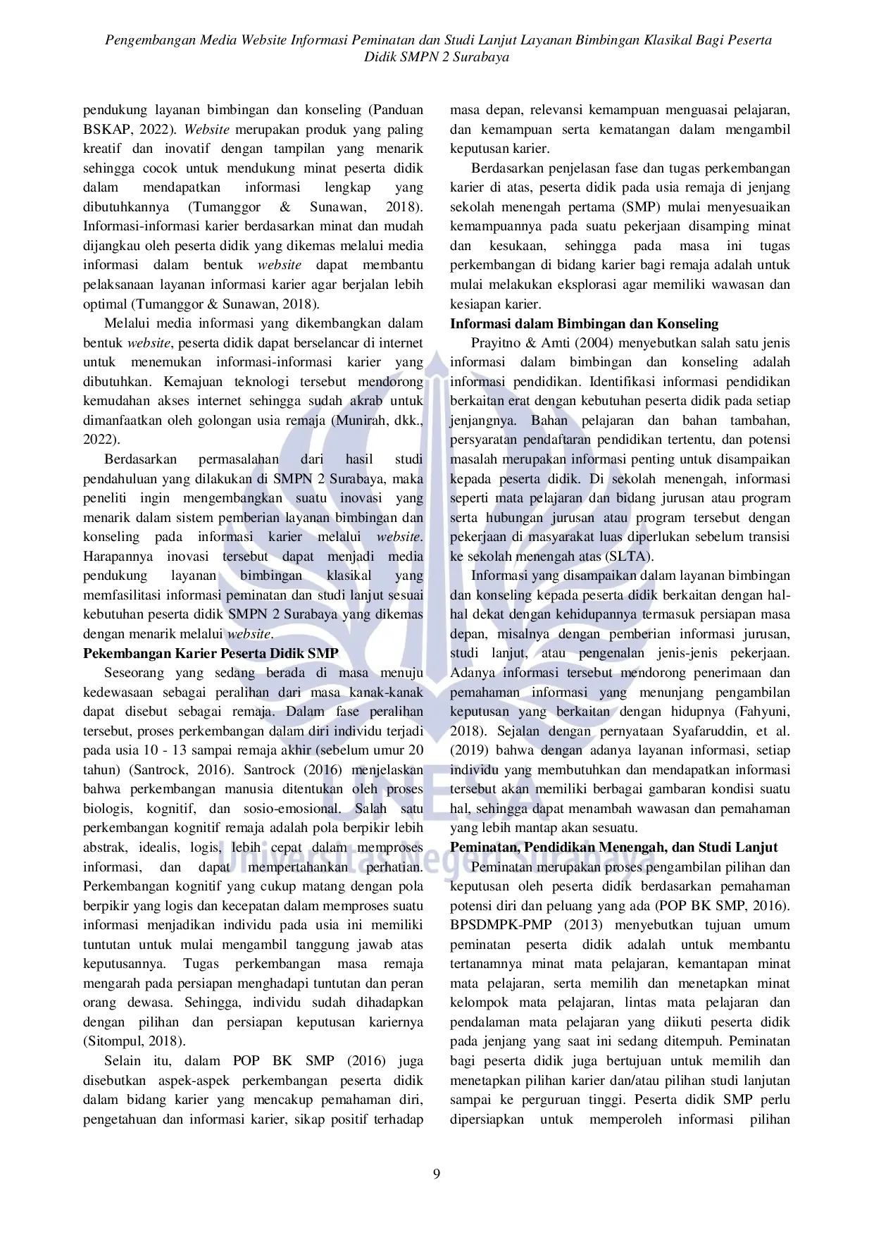 JURIS Pengembangan Media Website Informasi Peminatan dan Studi Lanjut Layanan Bimbingan Klasikal Bagi Peserta Didik SMPN 2 Surabaya