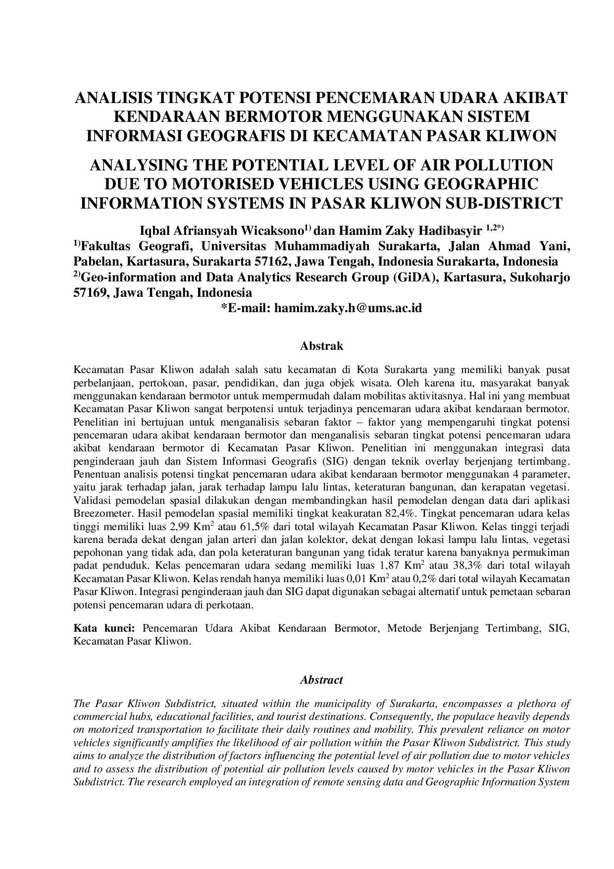 JURIS Analisis Tingkat Potensi Pencemaran Udara Akibat Kendaraan Bermotor Menggunakan Sistem Informasi Geografis Di Kecamatan Pasar Kliwon