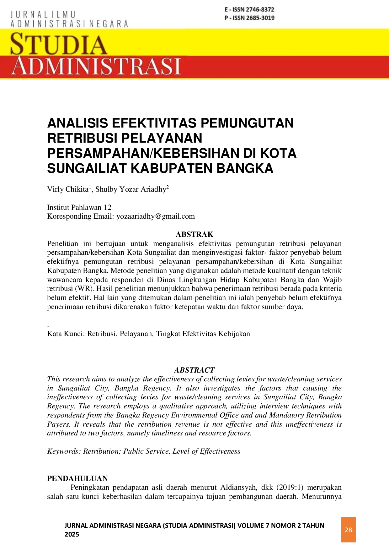 JURIS Analisis Efektivitas Pemungutan Retribusi Pelayanan Persampahan Kebersihan di Kota Sungailiat Kabupaten Bangka