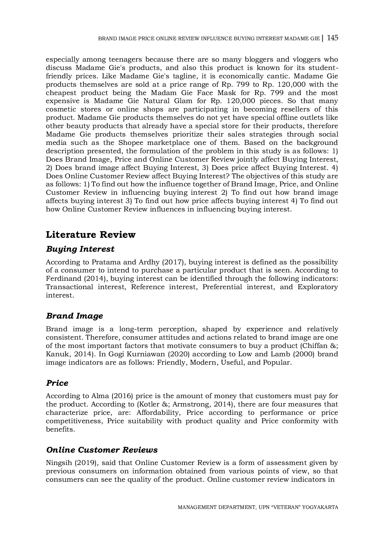 JURIS Influence of Brand Image Price and Online Customer Review on Buying Interest of Madame Gie Cosmetic Consumers on Shopee