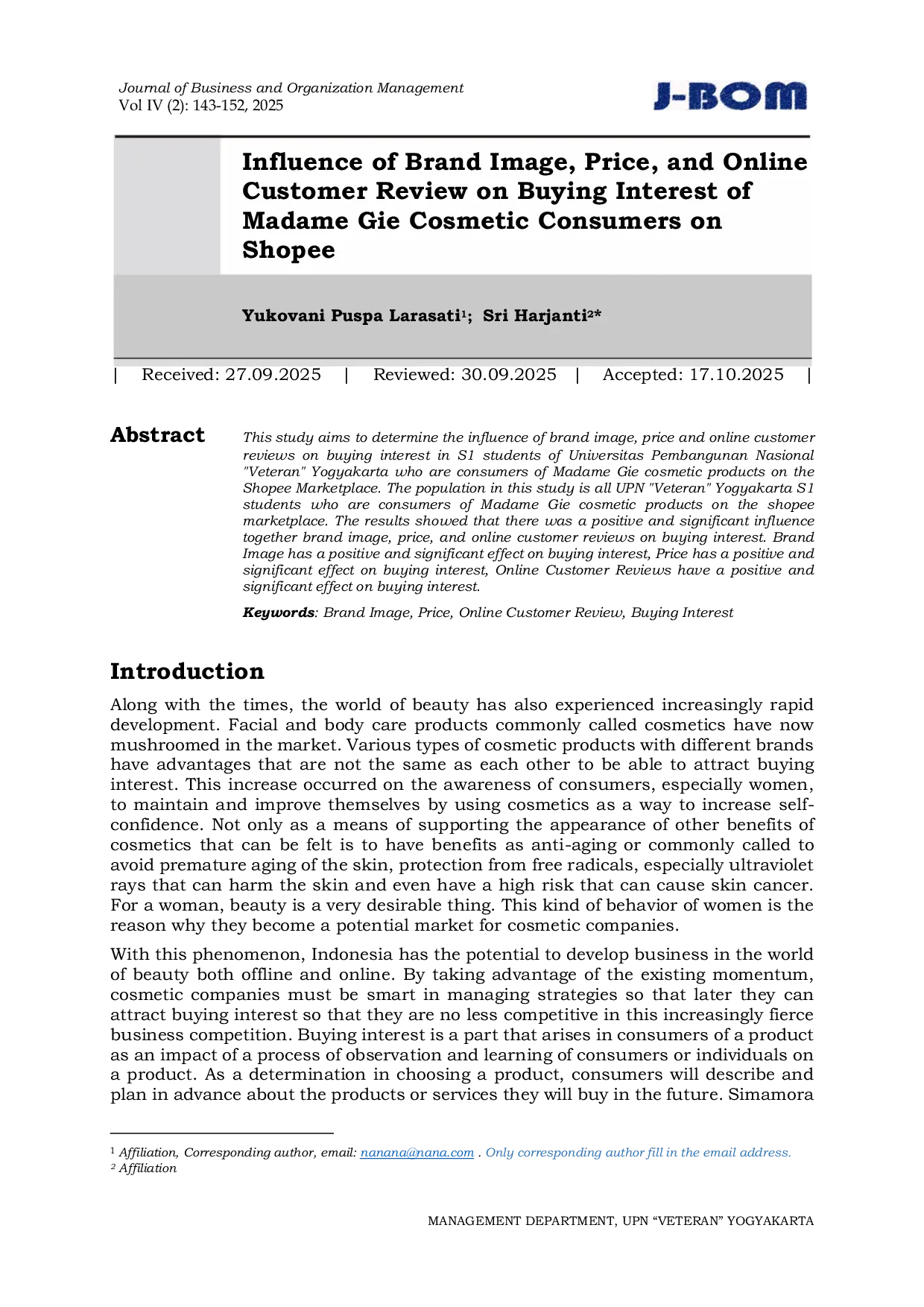 JURIS Influence of Brand Image Price and Online Customer Review on Buying Interest of Madame Gie Cosmetic Consumers on Shopee
