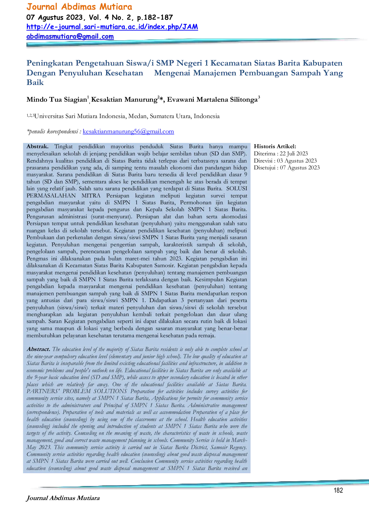 JURIS Peningkatan Pengetahuan Siswa i SMP Negeri 1 Kecamatan Siatas Barita Kabupaten Dengan Penyuluhan Kesehatan Mengenai Manajemen Pembuangan Sampah Yang Baik