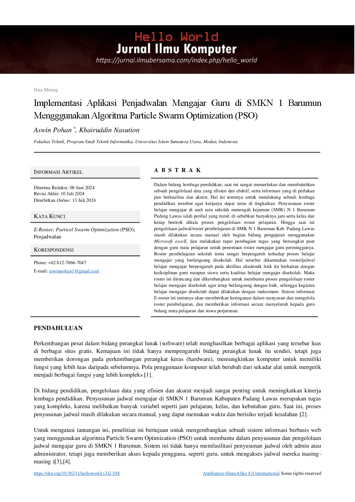 juris Implementasi Aplikasi Penjadwalan Mengajar Guru di SMKN 1 Barumun Menggunakan Algoritma Particle Swarm Optimization PSO