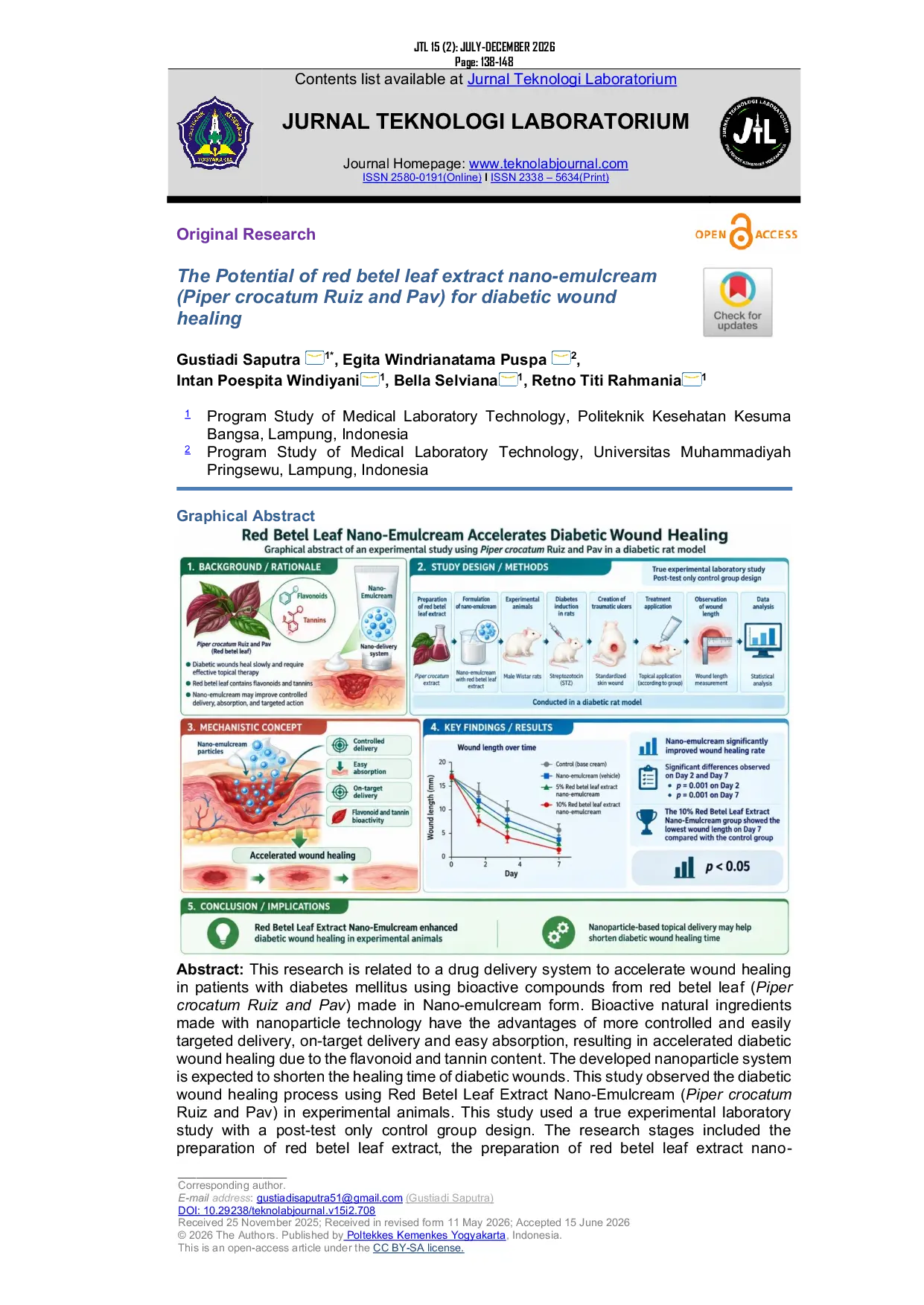 JURIS The potential of red betel leaf extract nano emulcream Piper crocatum Ruiz and Pav for diabetic wound healing